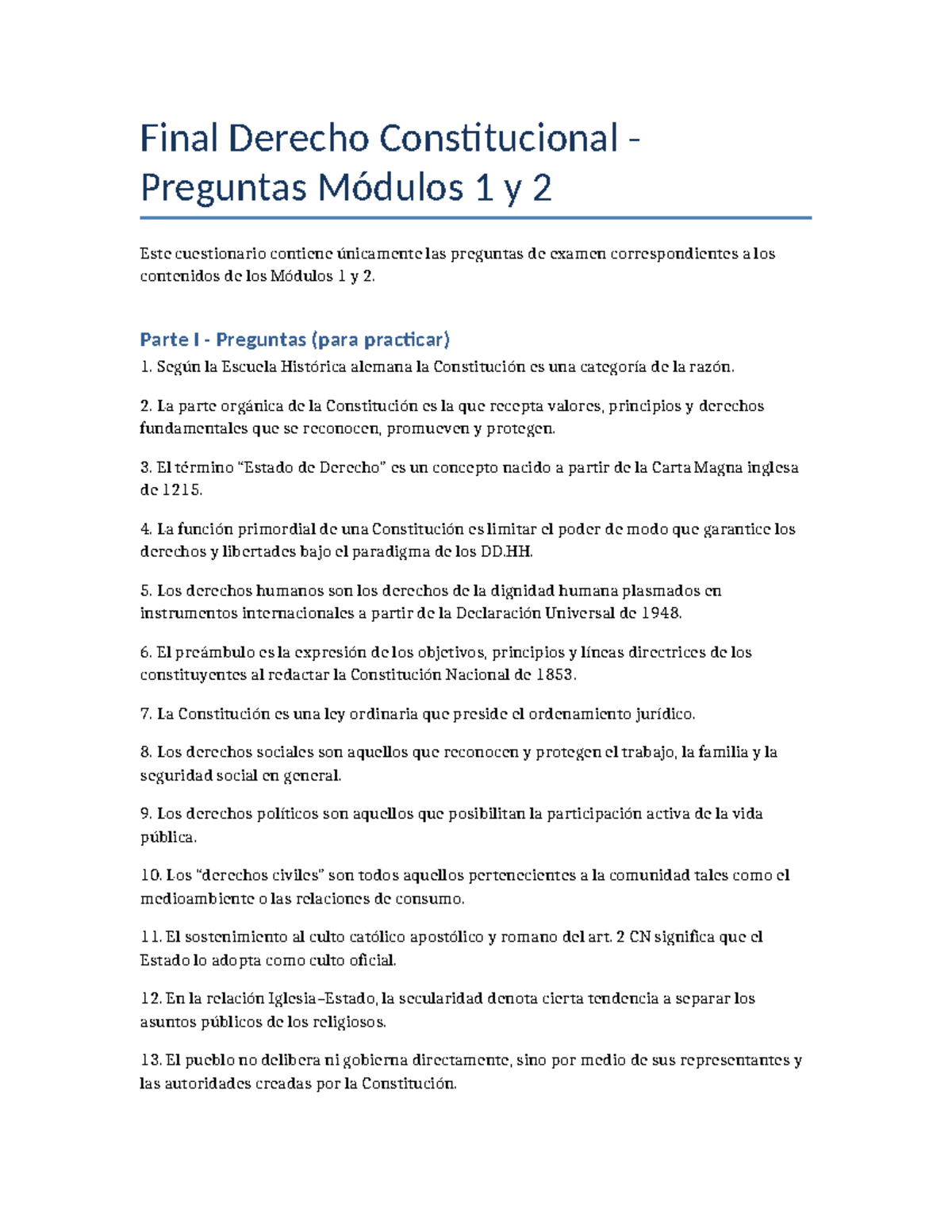Final Derecho Constitucional: Preguntas Módulos 1 y 2 - Studocu
