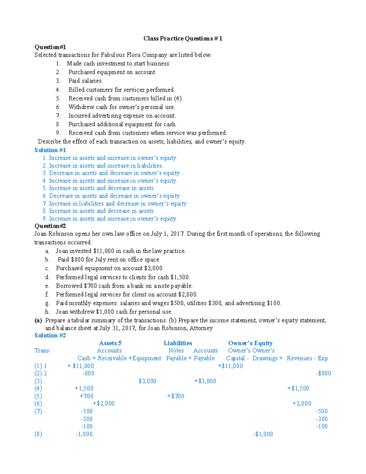 Practice Questions #1 for Accounting Concepts and Transactions - Studocu