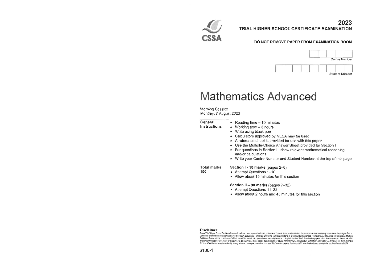 2023 CSSA HSC Mathematics Advanced Trial Exam Paper - Studocu