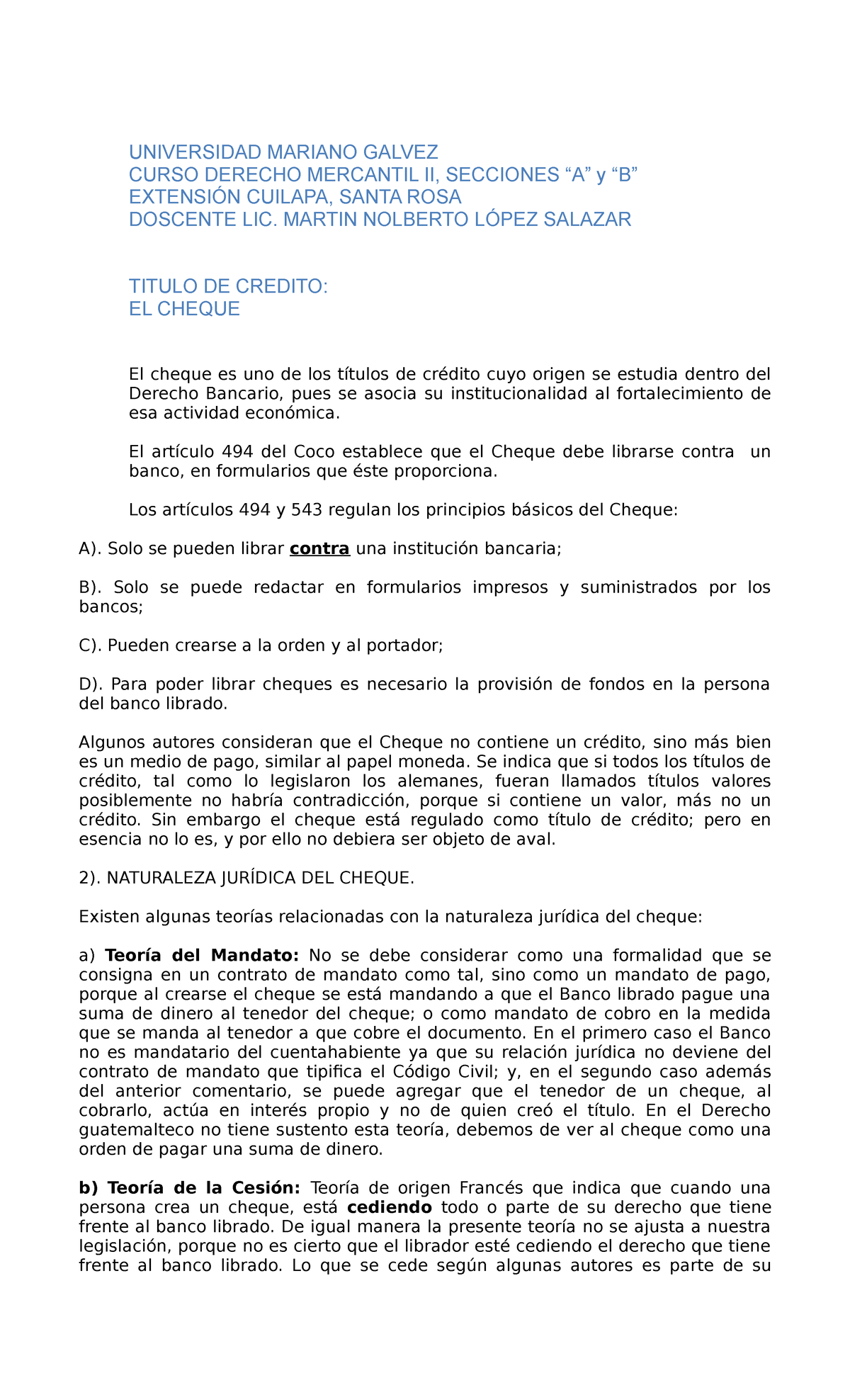 Derecho Mercantil II: Estudio del Cheque como Título de Crédito - Studocu