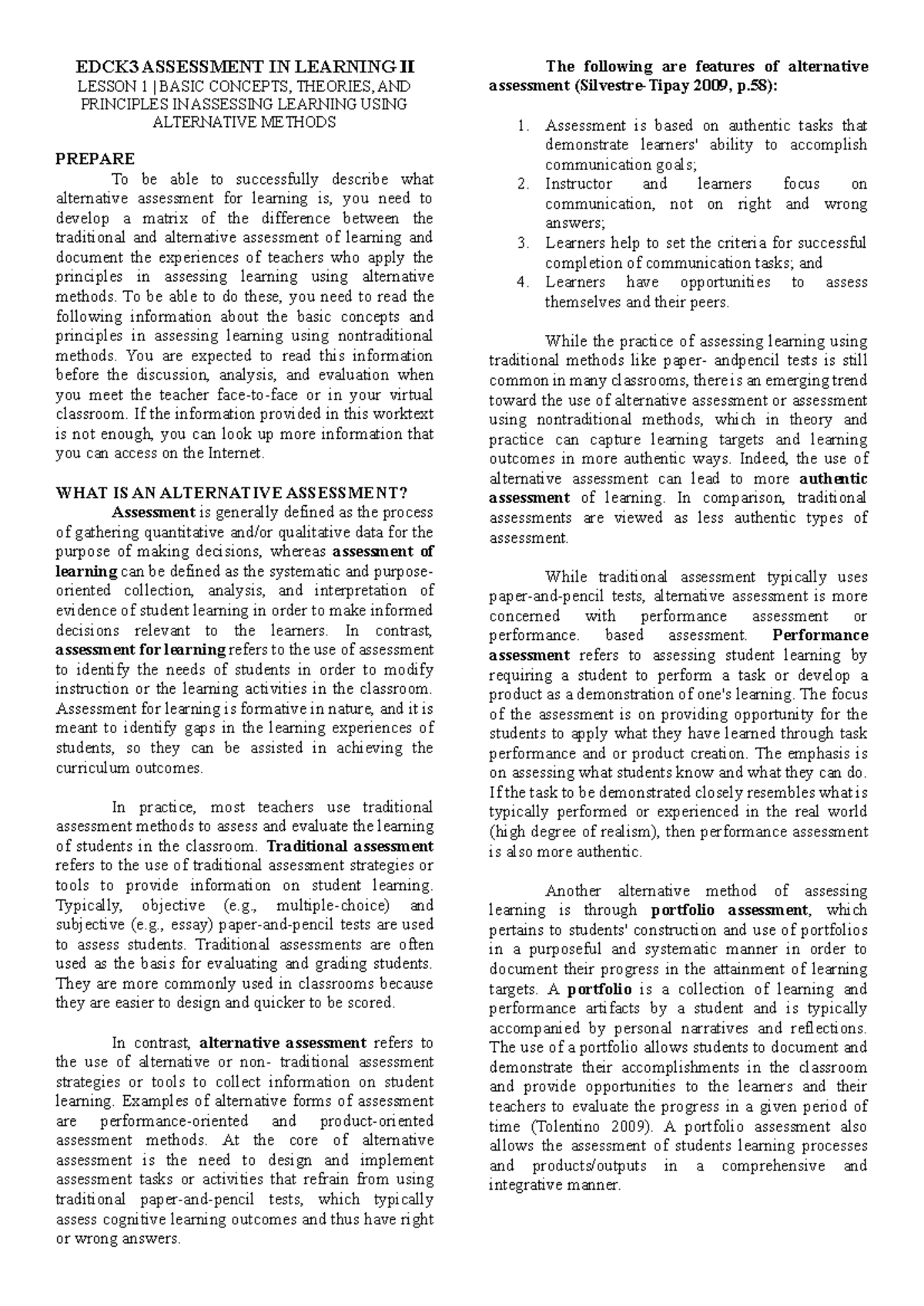 Lesson 1 - EDCK 3 - Key Concepts in Alternative Assessment - Studocu