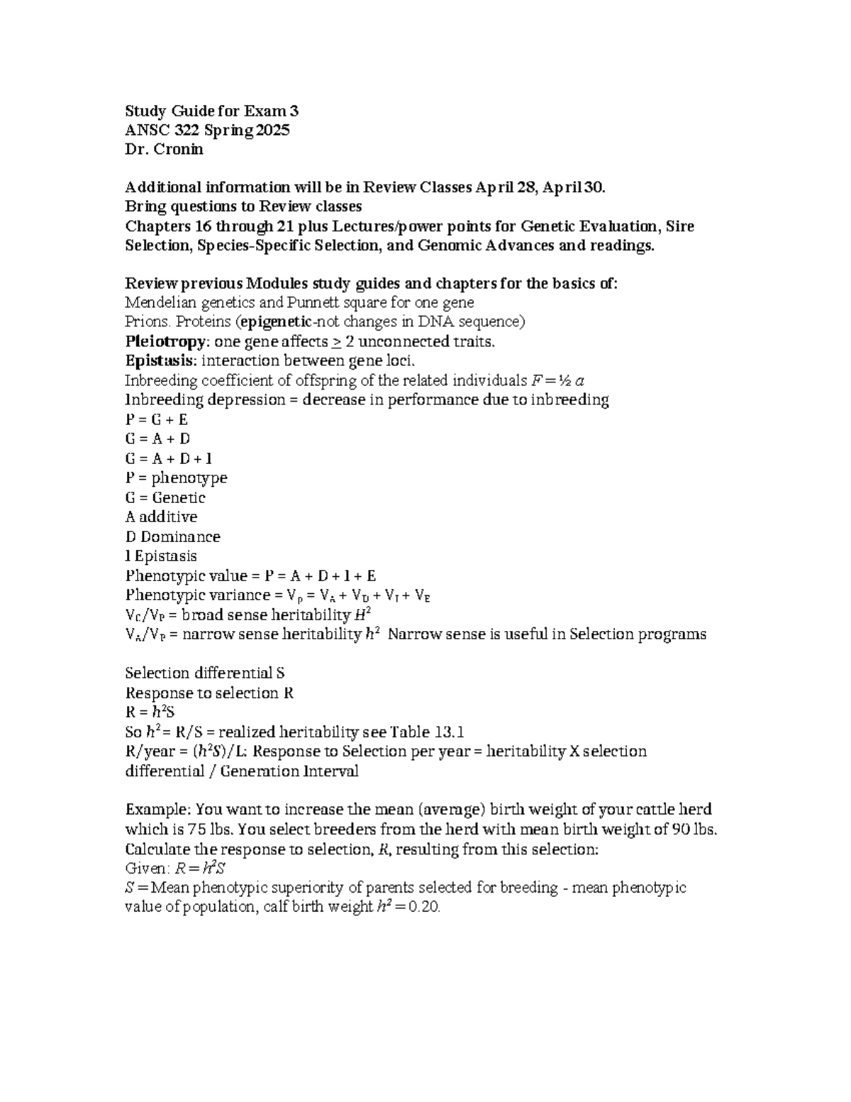 Study Guide & Equations for Exam 3 spring 2025 Cronin ANSC 322 - Study ...
