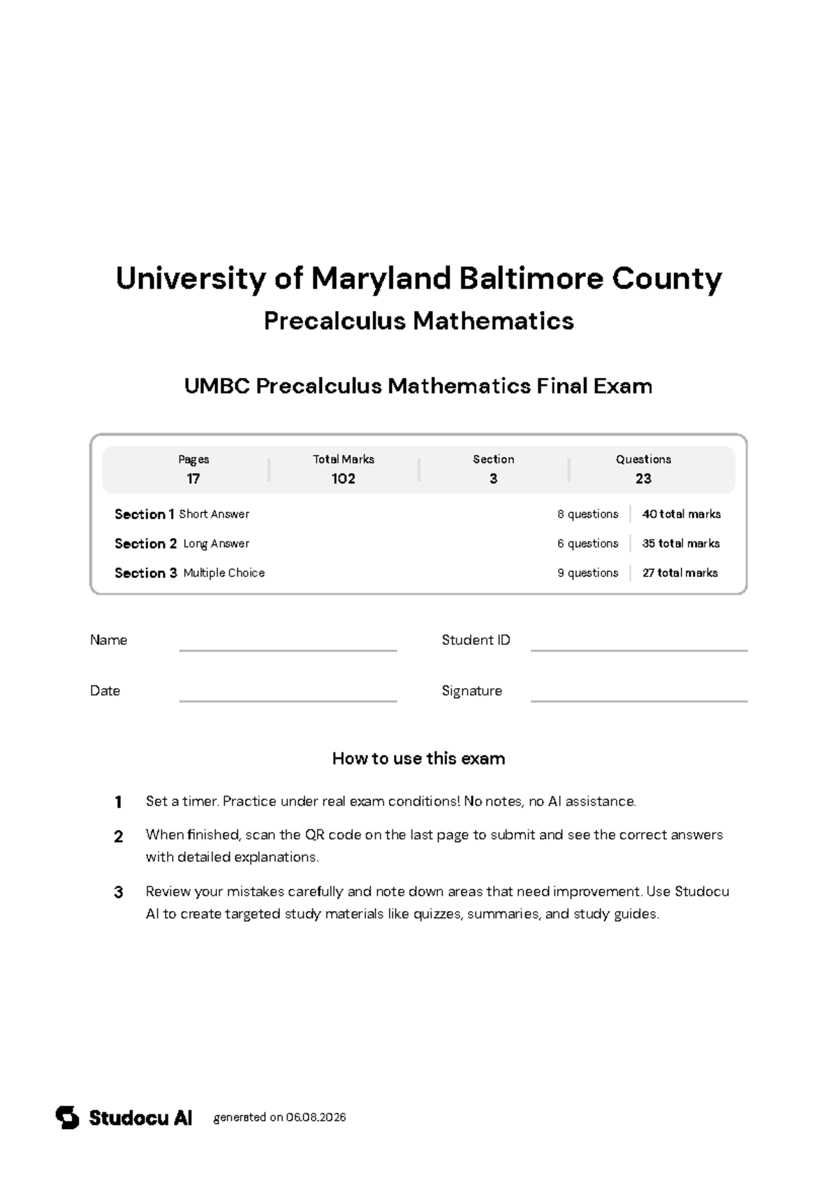 UMBC Precalculus Mathematics Final Exam - Studocu