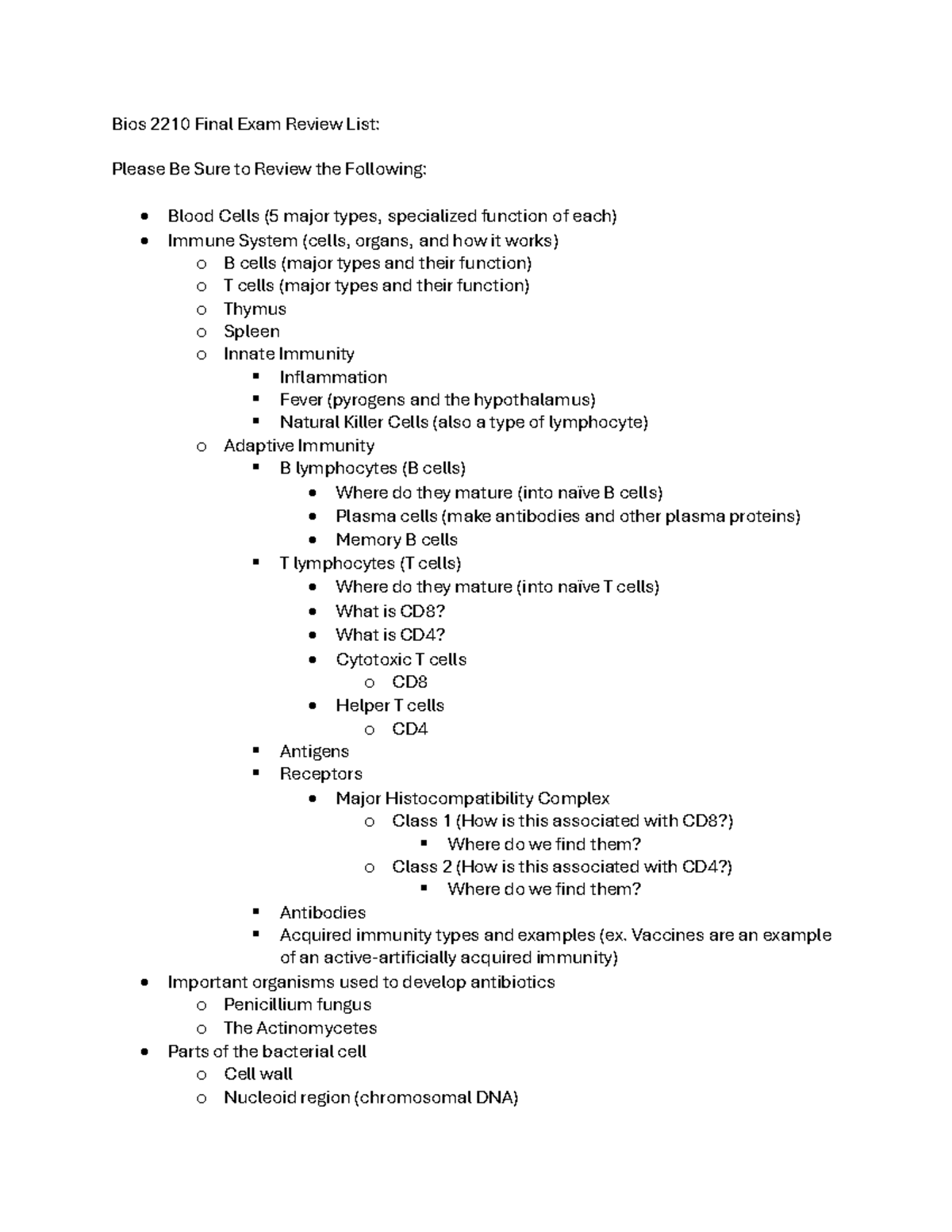 Bios 2210 Final Exam Review List - Studocu