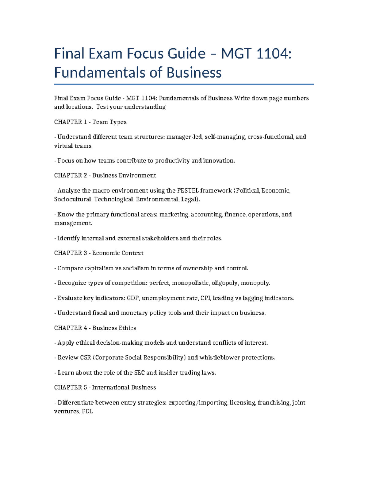 MGT 1104 Final Exam Study Guide: Key Concepts in Business Fundamentals ...