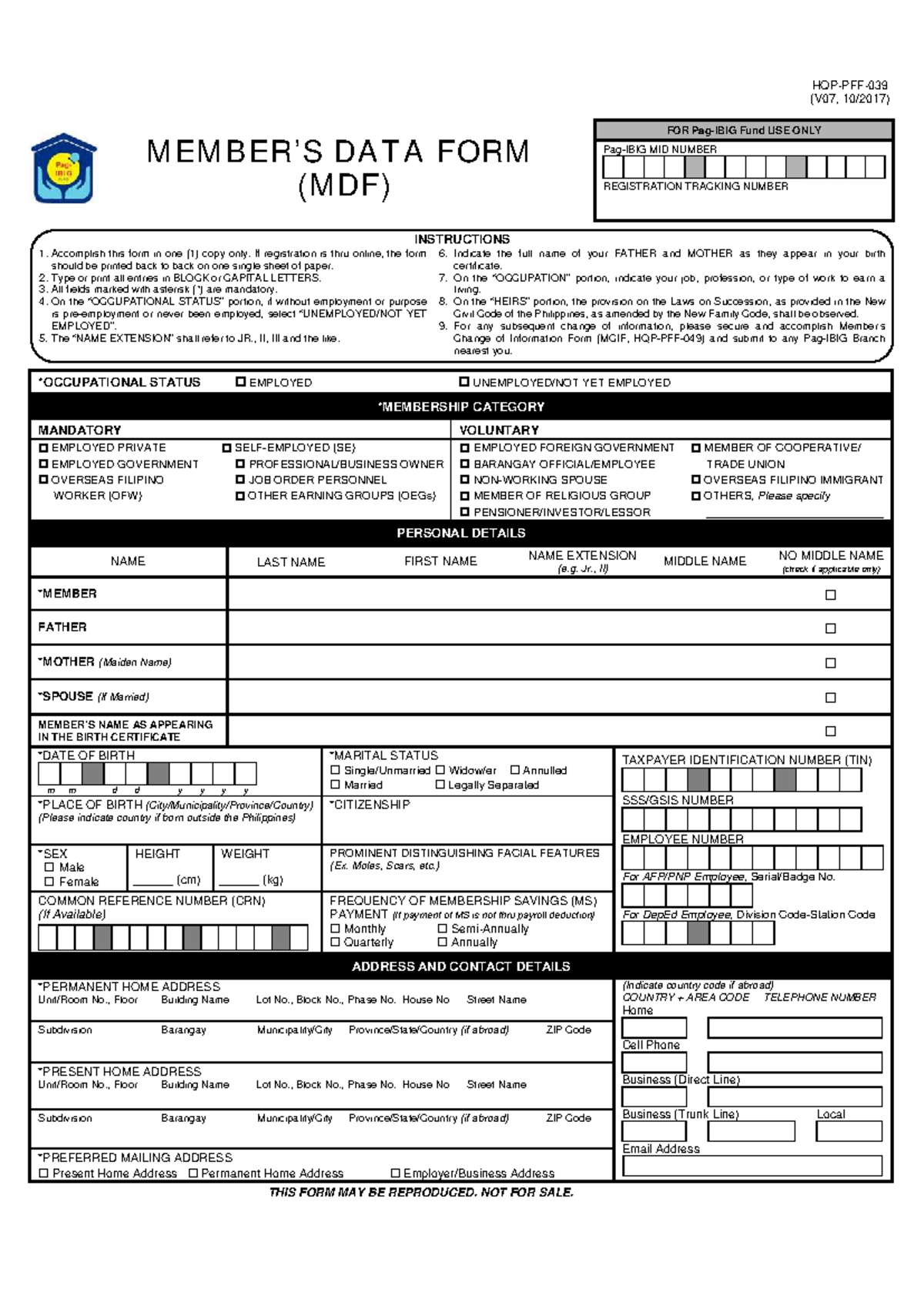 PFF039 Members Data Form V07: Registration Instructions and Details ...