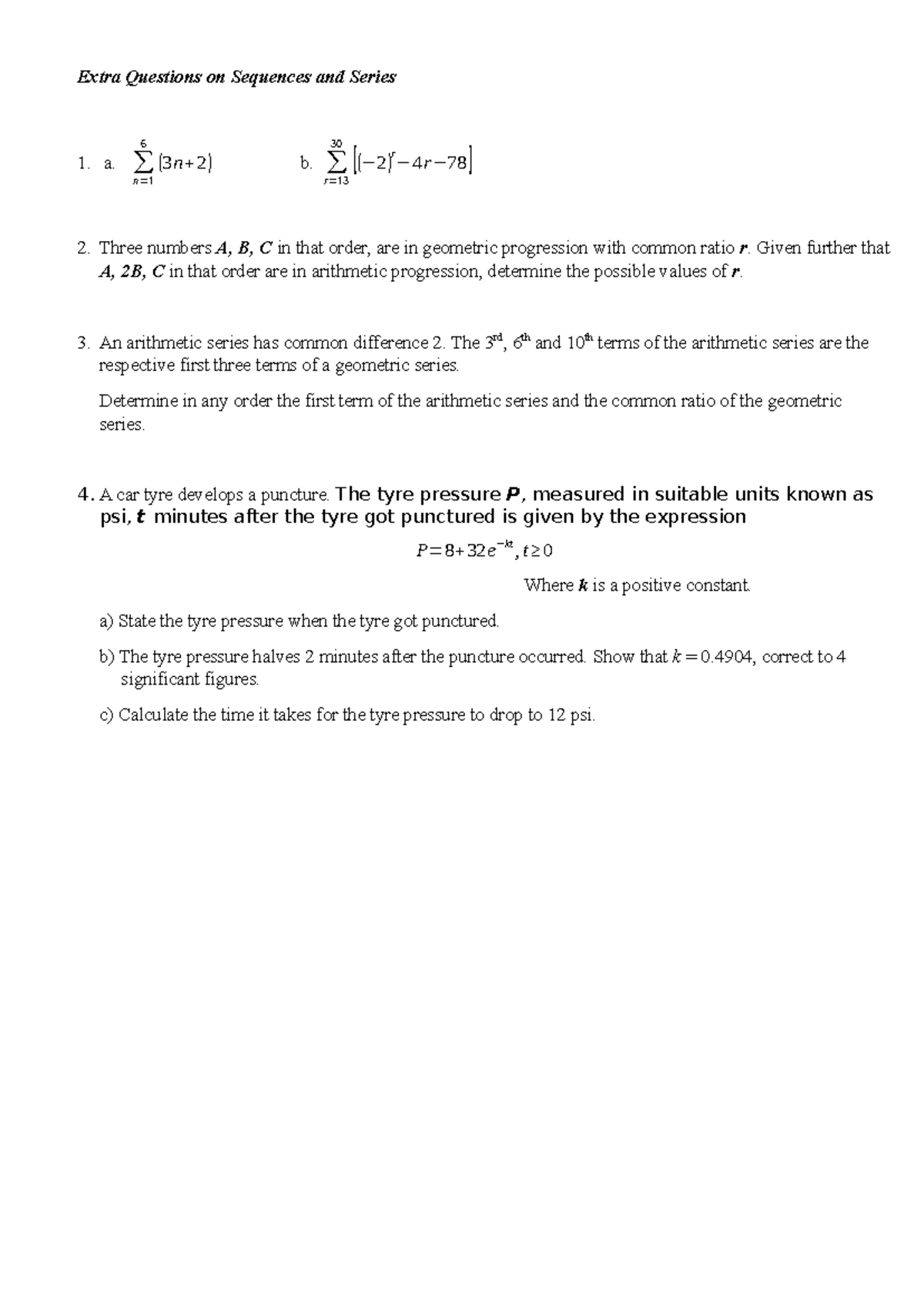Extra Questions on Sequences and Series (Math 101) - Studocu