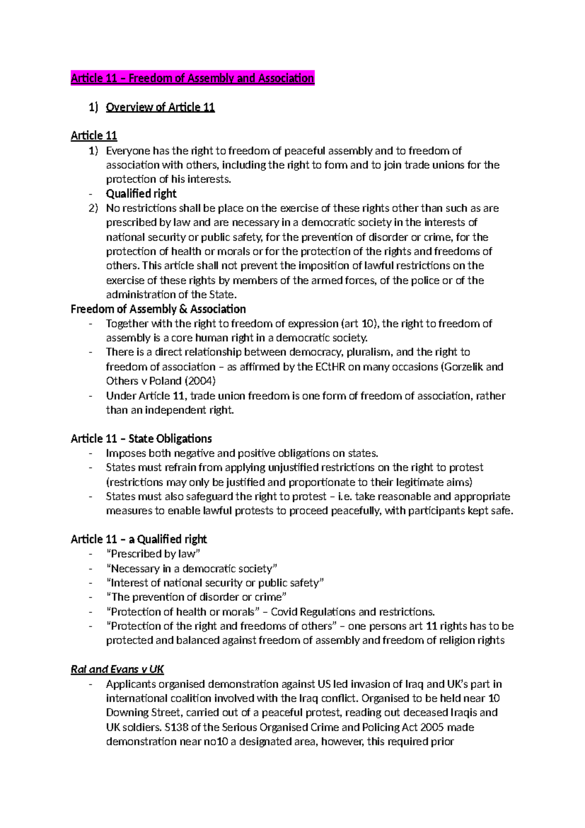 5) Freedom of Assembly (art 11), Equality (art 14, EA) - Article 11 ...