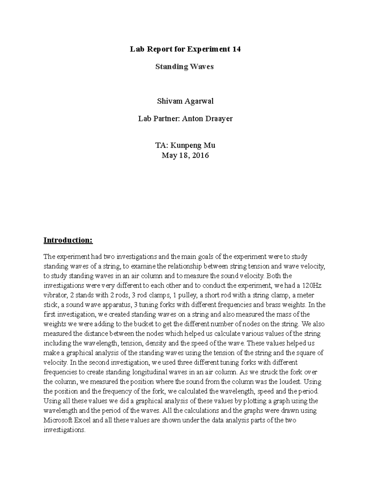 Lab 2 - This is a Lab report for a physics experiment on Standing Waves ...