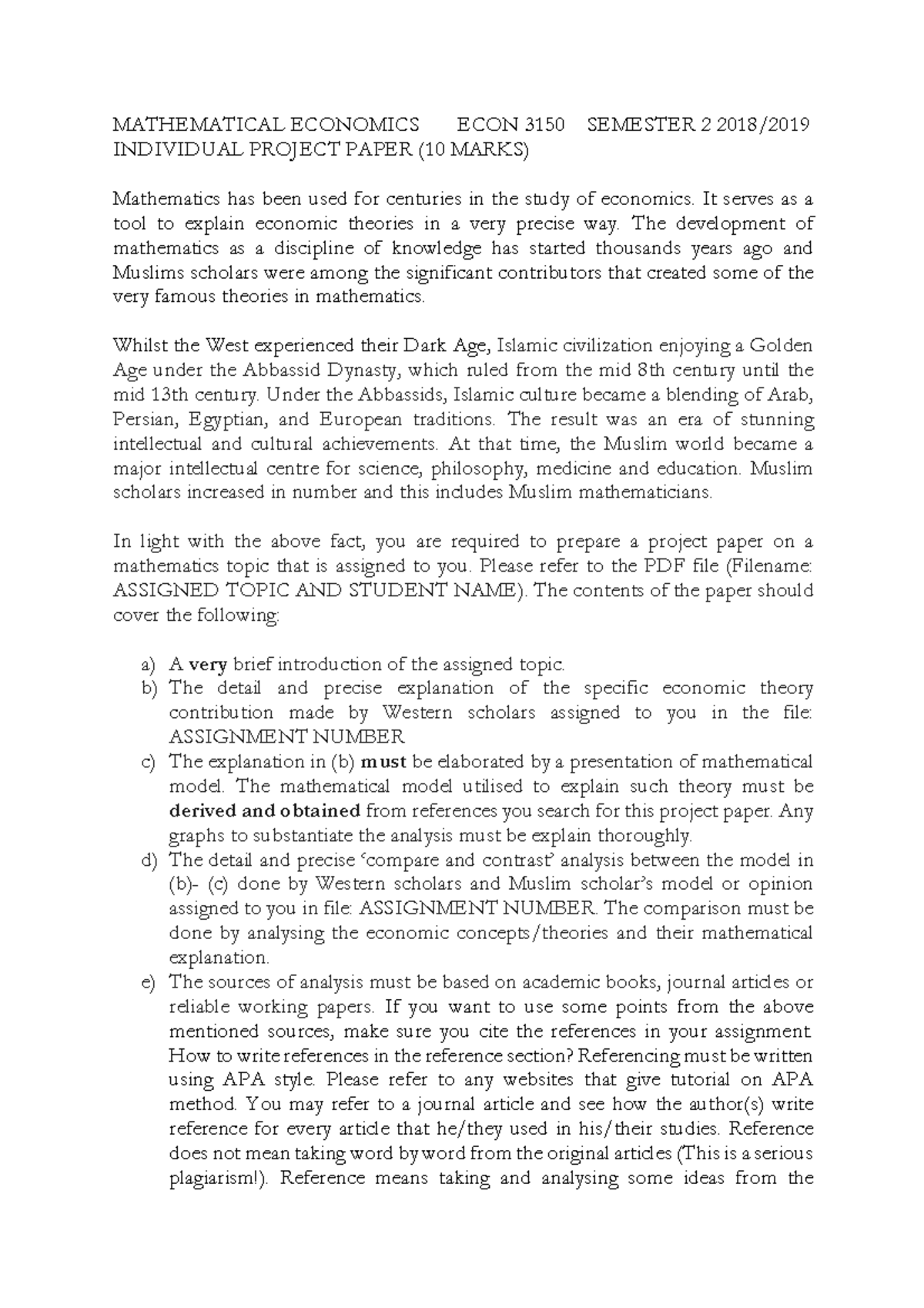 Project Paper - MATHEMATICAL ECONOMICS ECON 3150 SEMESTER 2 2018 ...