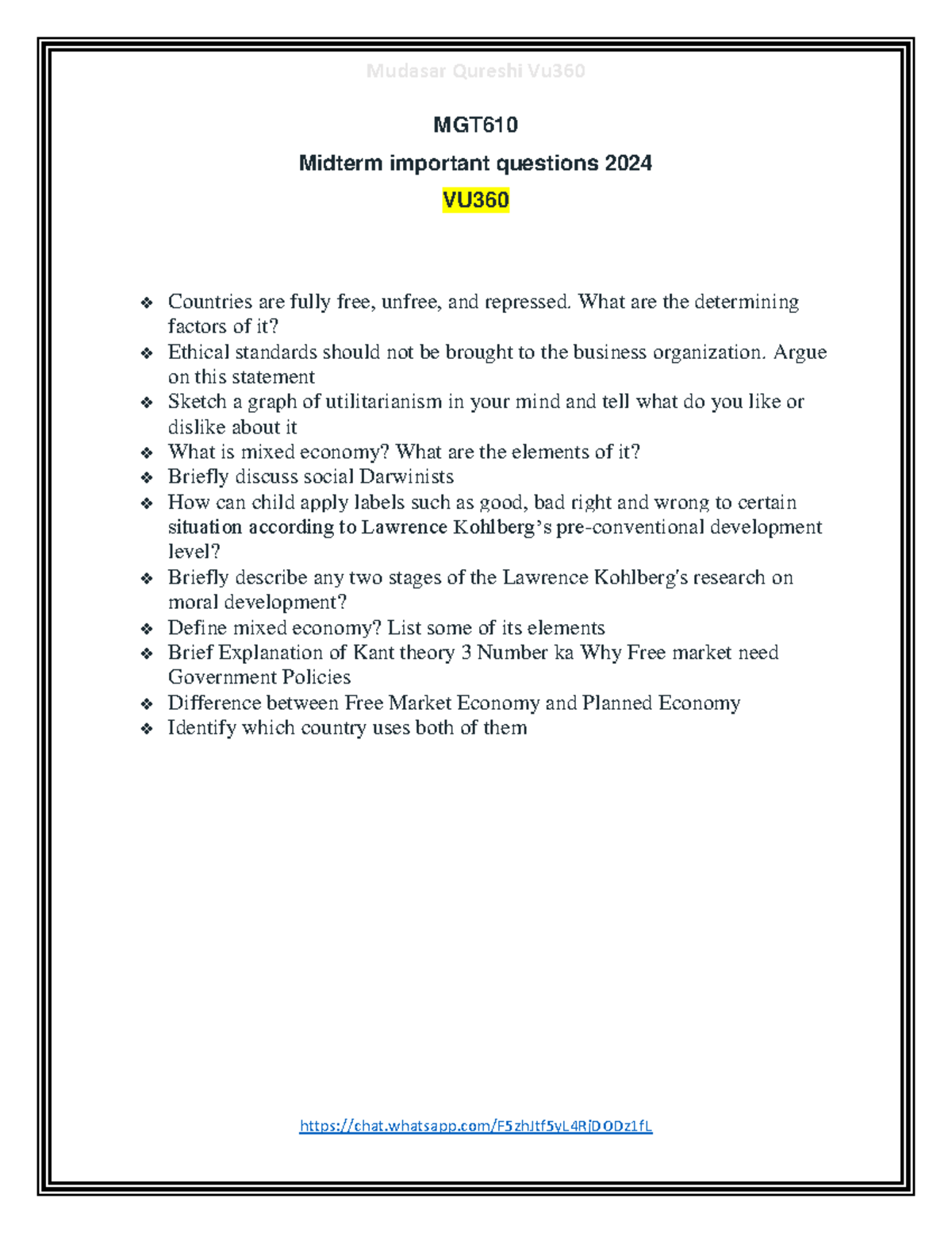 MGT610 Midterm important questions 2024 vu360 - Mudasar Qureshi Vu ...