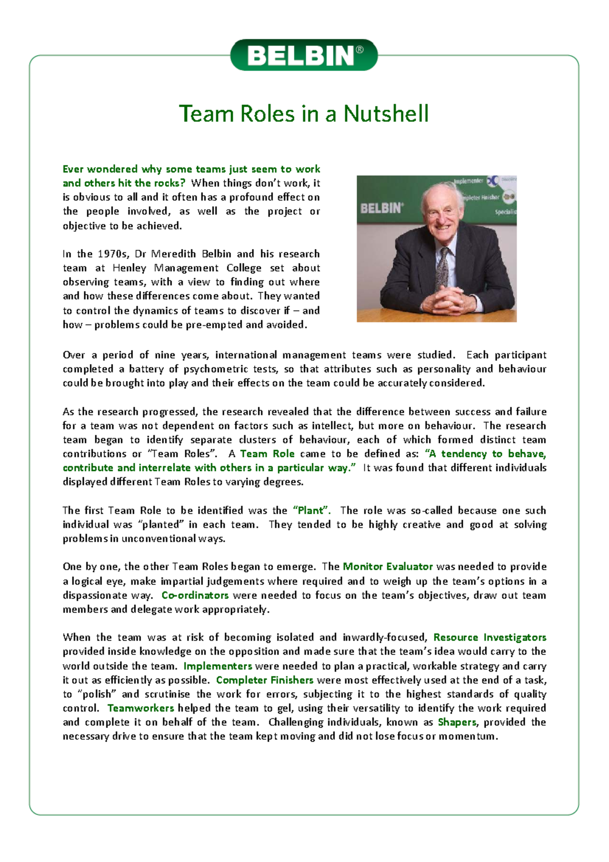 Belbin Team Roles: A Comprehensive Overview (UK 2011) - Studocu