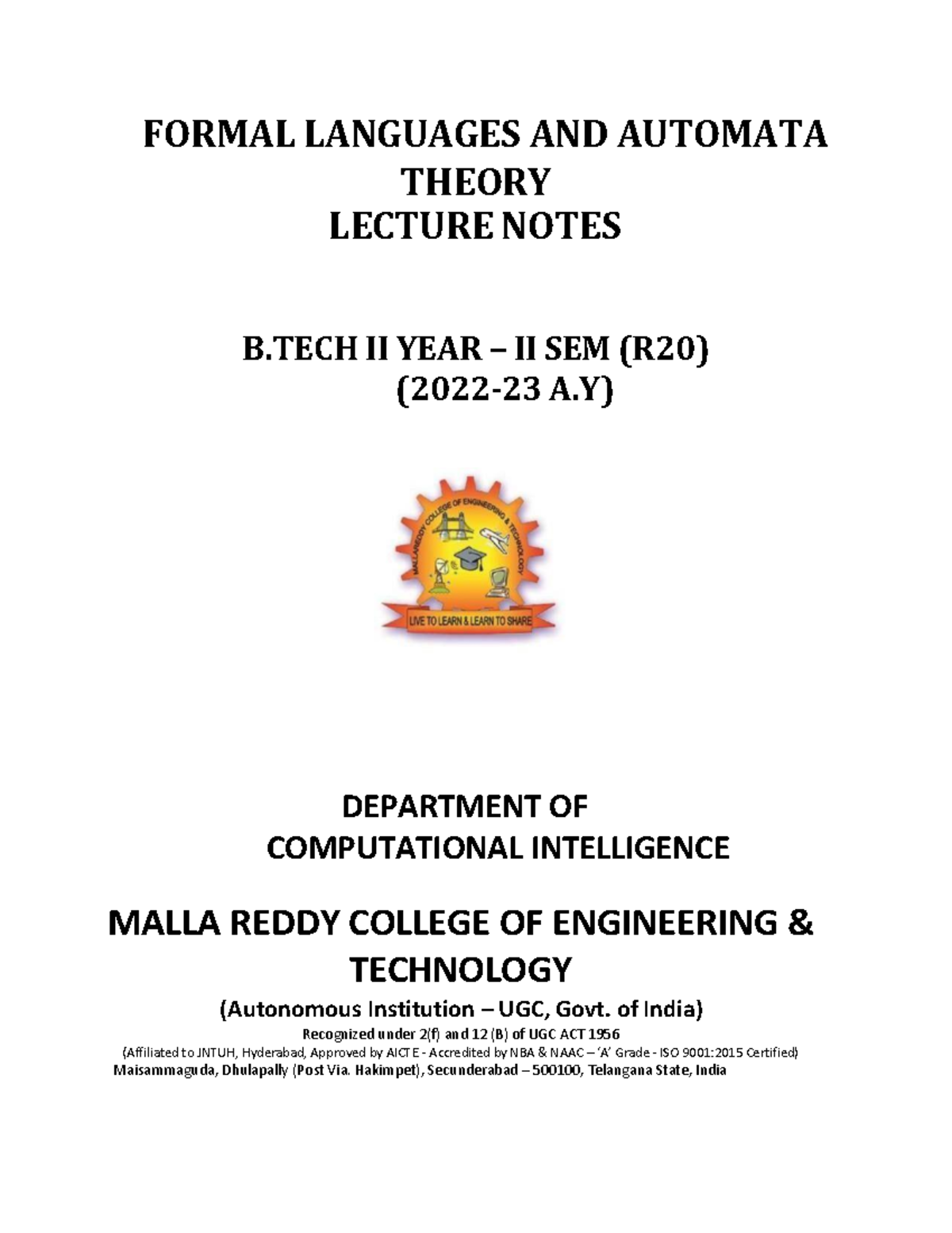 Formal Languages and Automata Theory Lecture Notes B.Tech II Year II ...