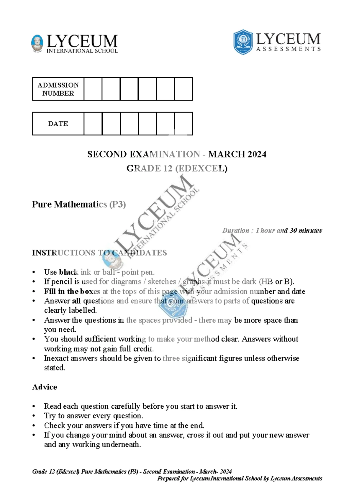 Grade 12 (Edexcel) Pure Mathematics (P 3) Final Exam - Nov 2024 - Studocu