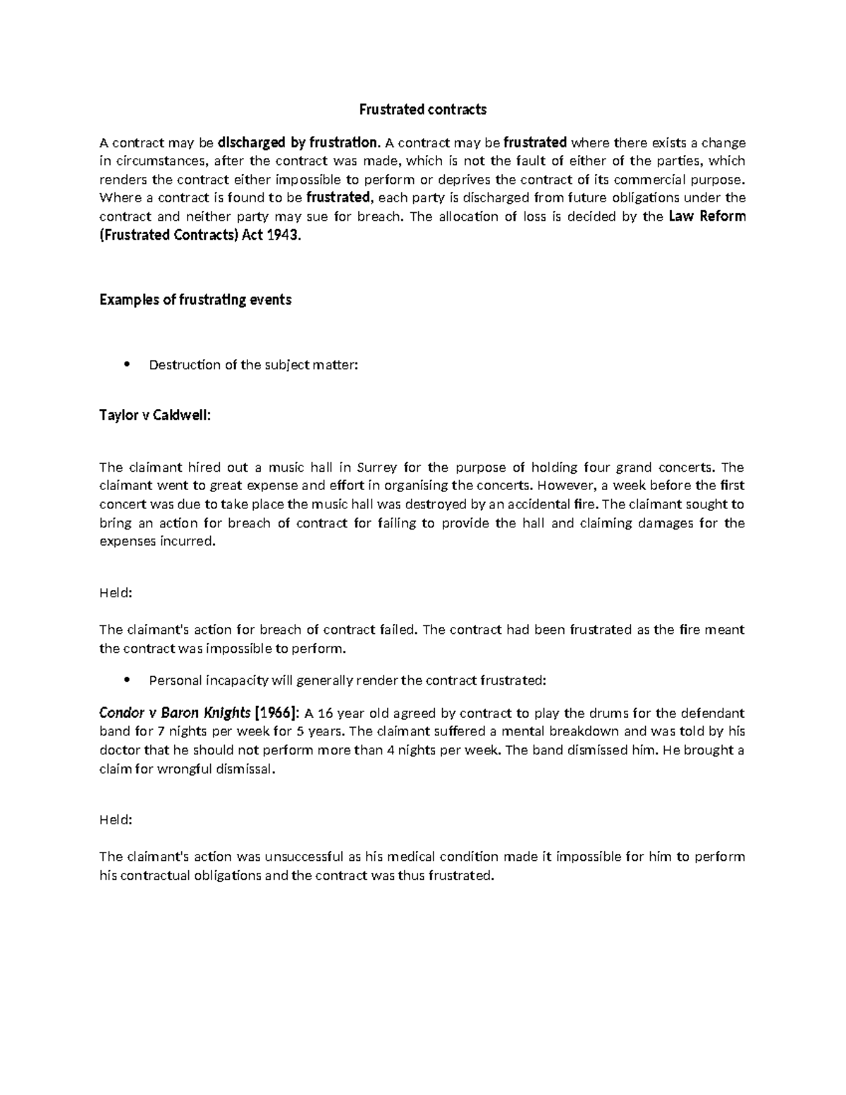 Frustrated Contracts: Lecture Notes on Legal Principles and Cases - Studocu