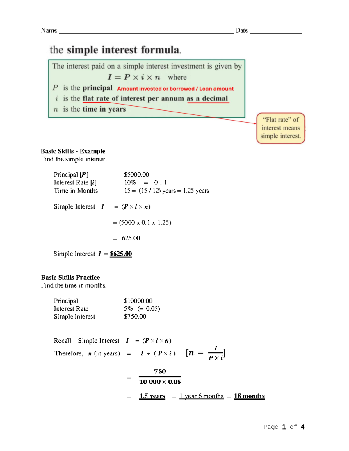 Simple Interest Practice & Homework Sheet - Math 101 - Studocu