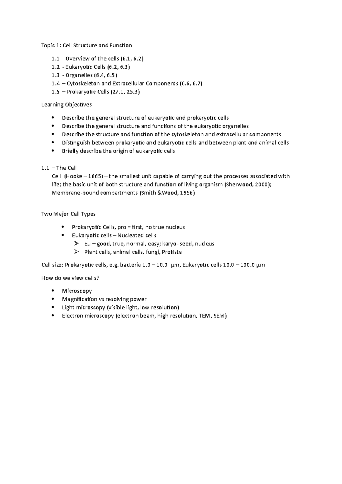 LFS100 - CH1 - Lecture notes 1 - Topic 1: Cell Structure and Function 1 ...