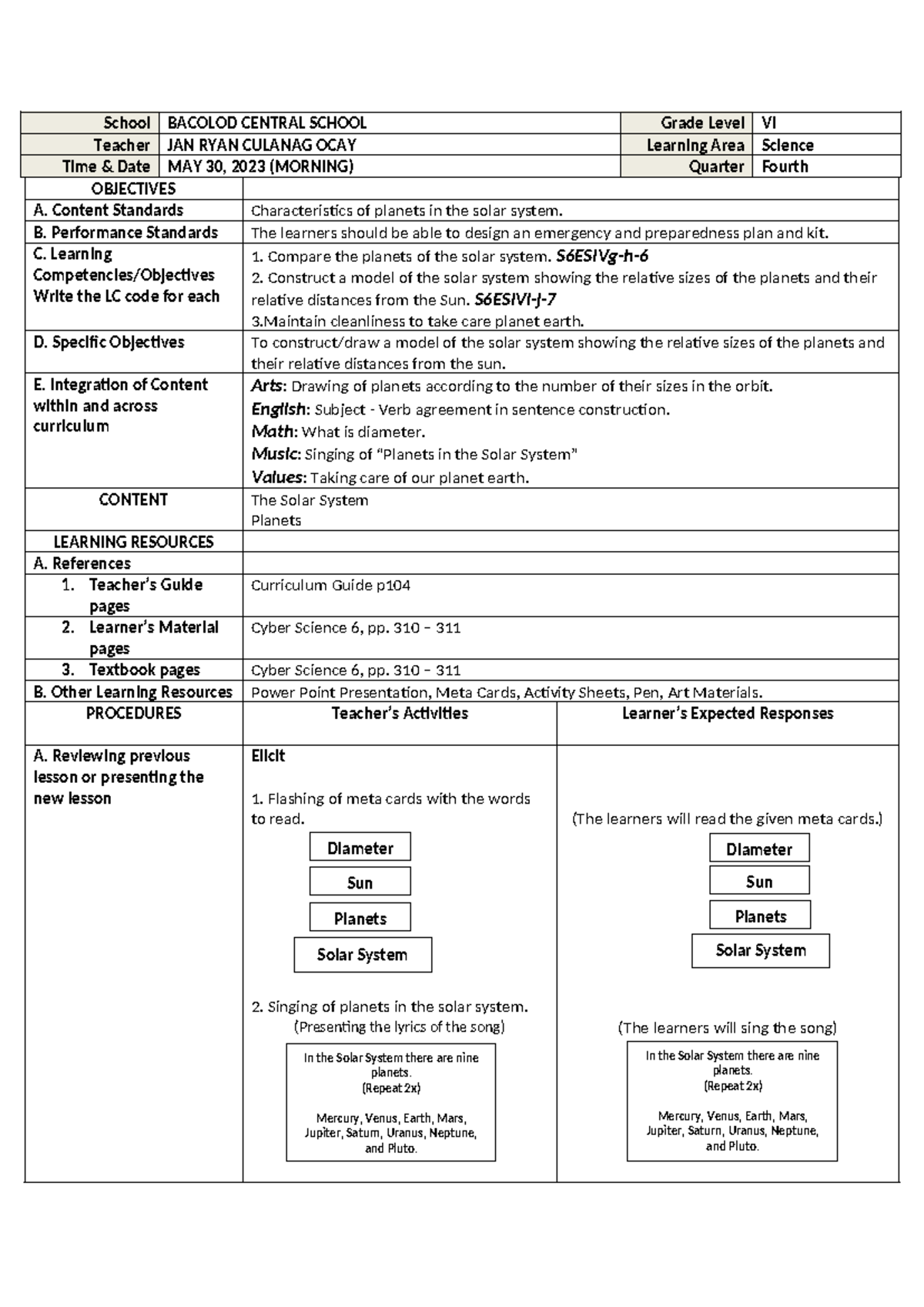 Solar System Lesson Plan Grade 6