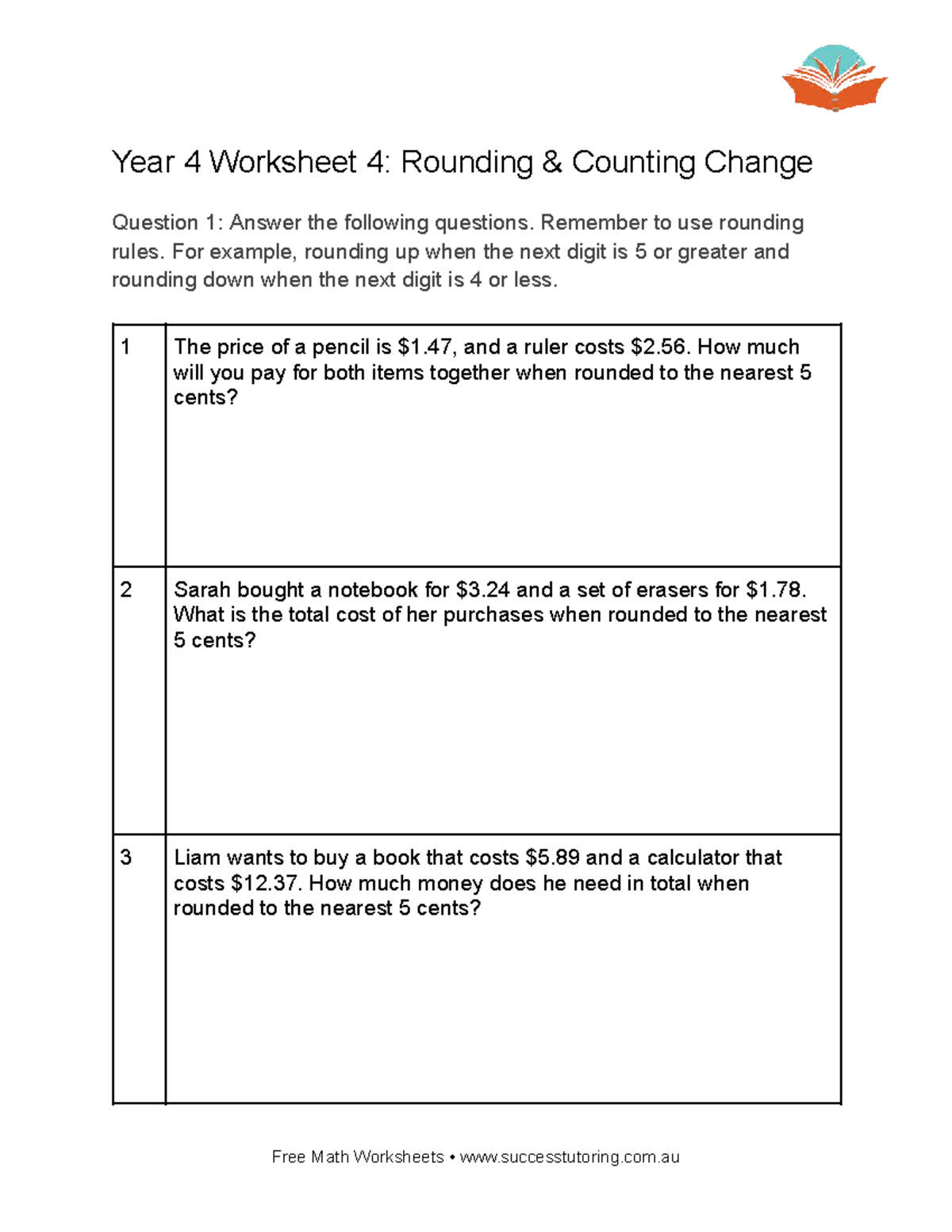 Y4 W4: Rounding & Counting Change Worksheet - Studocu