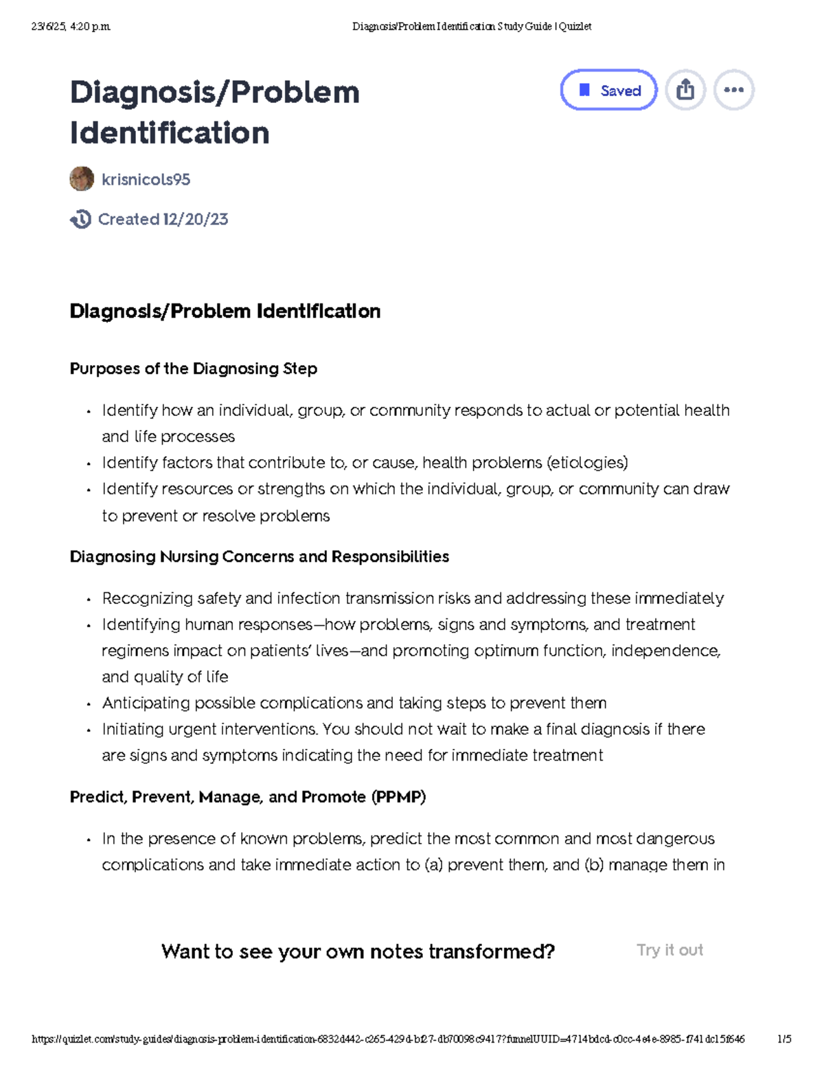 Diagnosis Problem Identification Study Guide Quizlet (NURS 420) - Studocu
