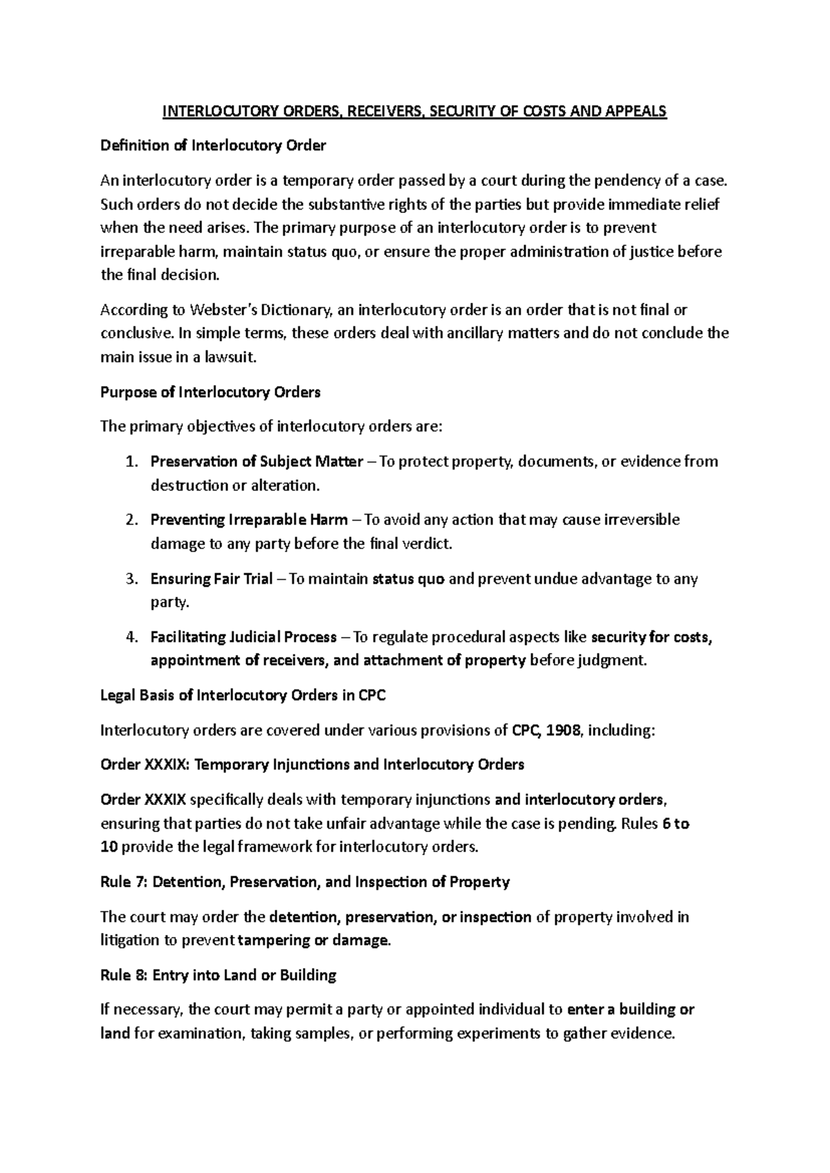 Interlocutory Orders, Receivers, Security of Costs & Appeals Overview ...