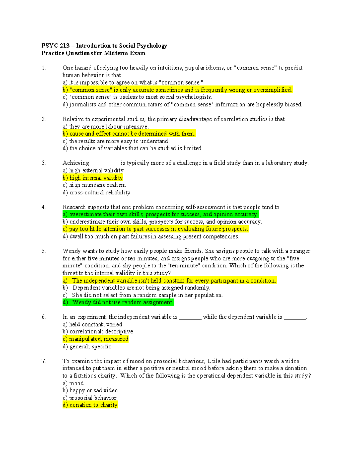 PSYC 213 Midterm Exam Practice Questions for 2024 - Studocu