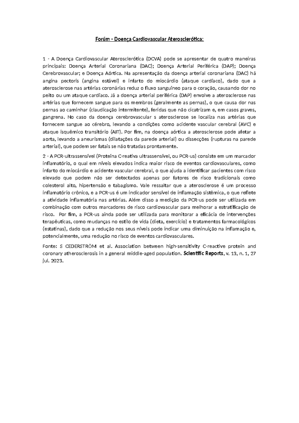 Fórum 1 - Doença aterosclerótica cardiovascular - Forúm - Doença ...