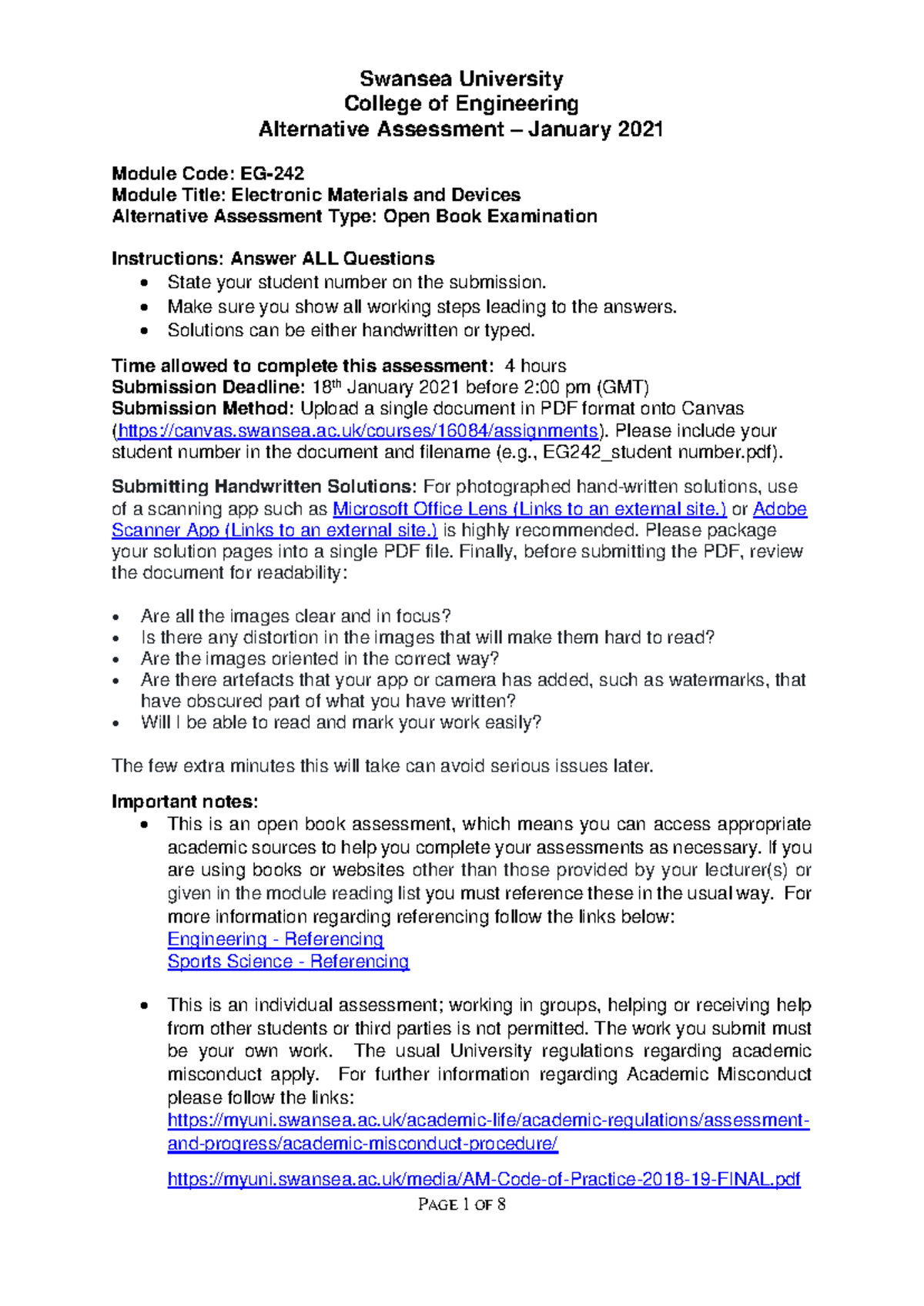 EG-242 Alternative Assessment Open Book Exam Paper - Jan 2021 - Studocu