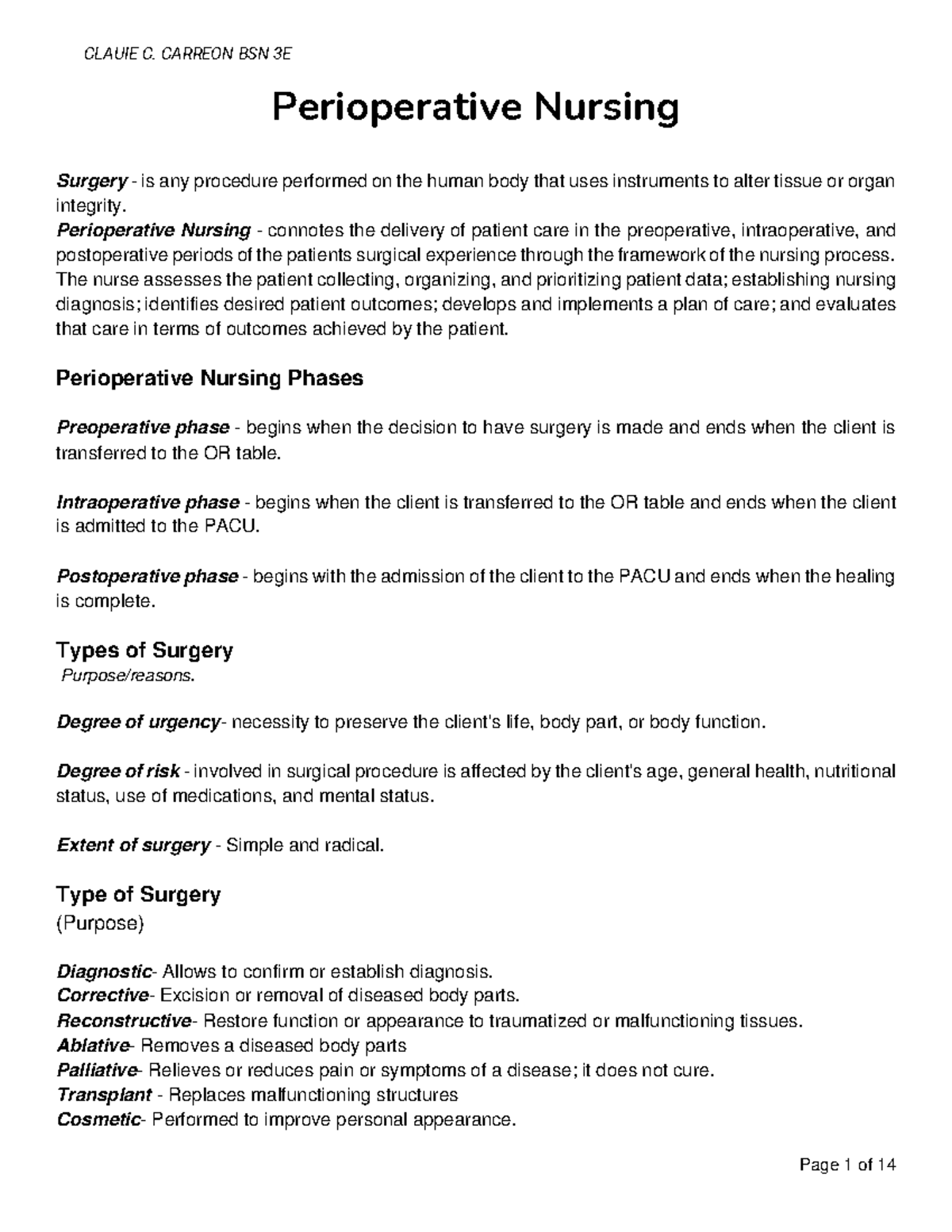 PERI 3E: Comprehensive Overview of Perioperative Nursing Care - Studocu