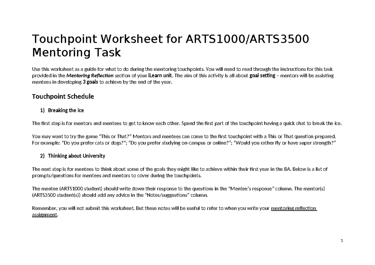 Touchpoint Worksheet for Mentoring Task (S2 2024) - Touchpoint ...