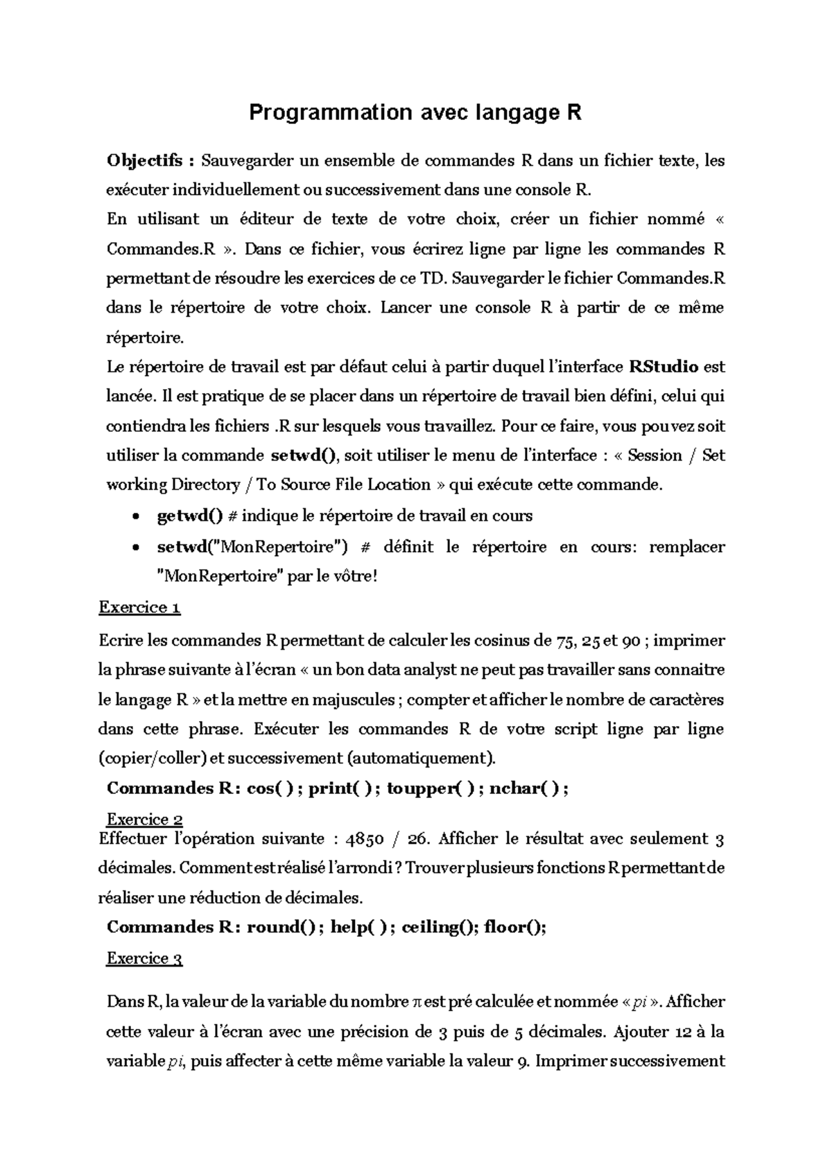 TP1 Programmation R: Exercices de Commandes et Objets R - Studocu
