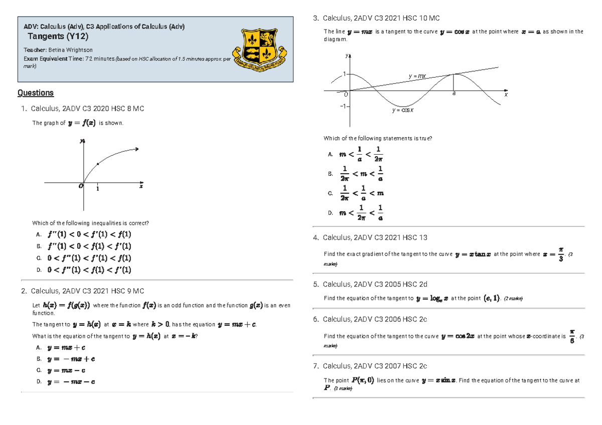 Tangents in Calculus: 2ADV C3 HSC Exam Questions and Solutions - Studocu