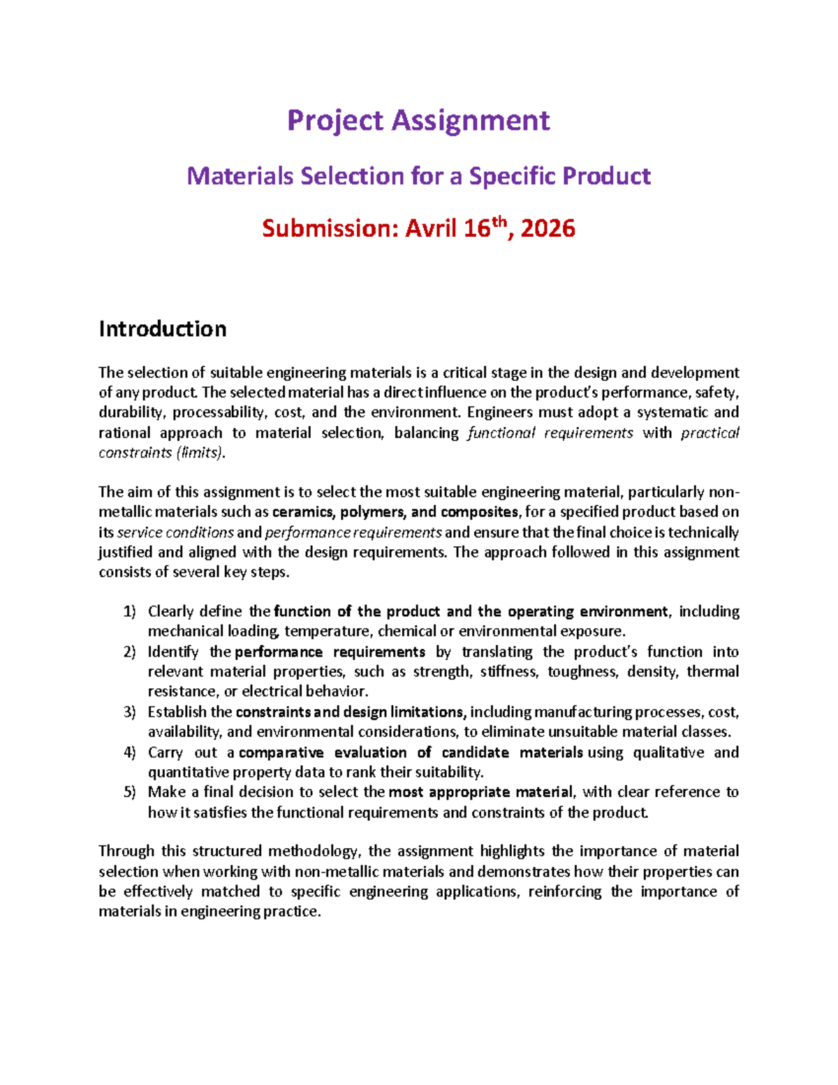 MCG2361 Project Assignment: Engineering Materials Selection Guide - Studocu