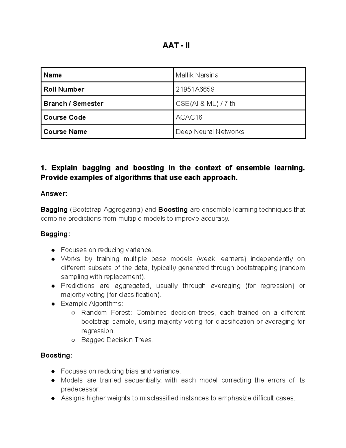 Deep Neural Networks: AAT II ACAC16 CSE(AI ML) 7th Semester Notes - Studocu