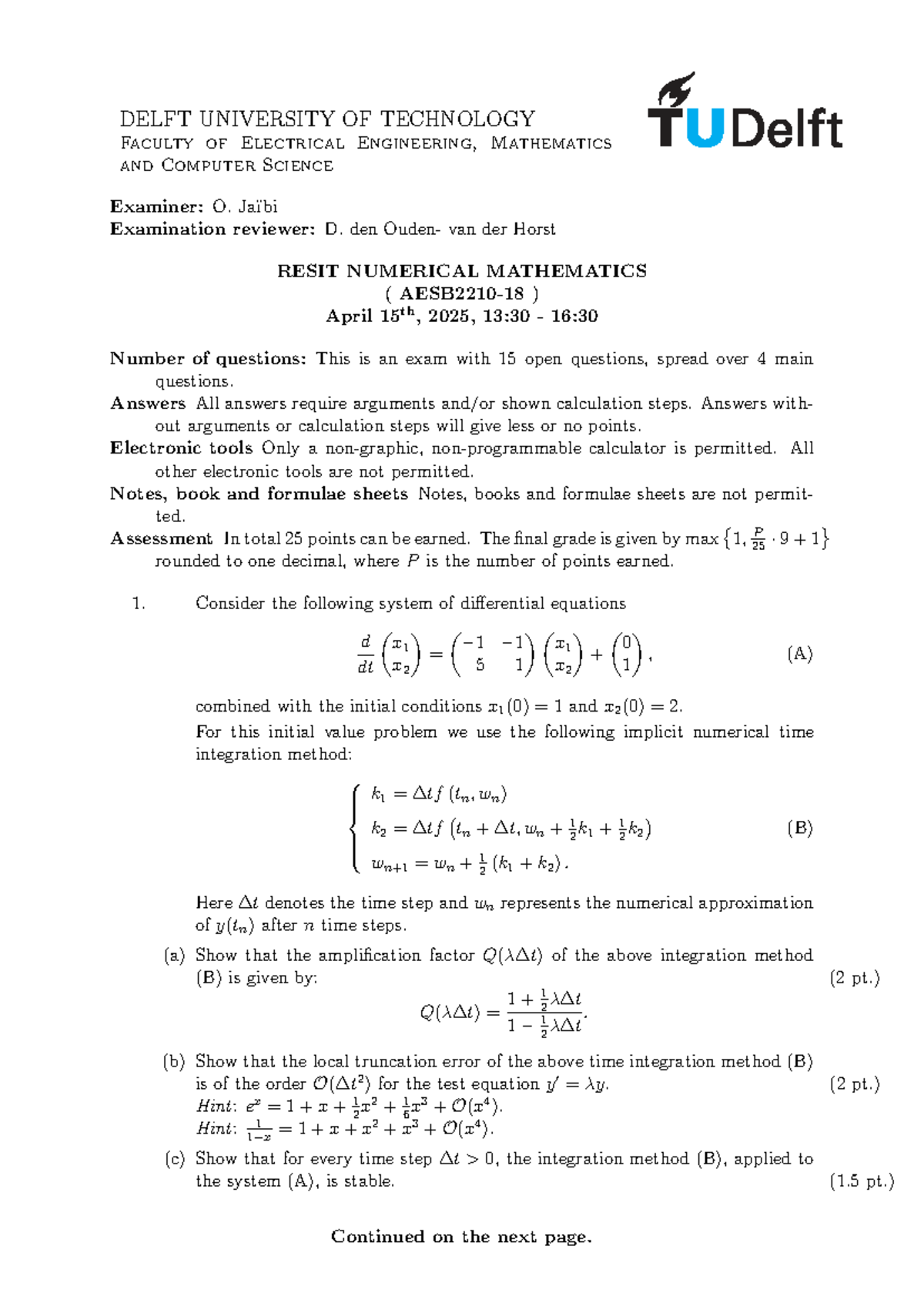 Numerical Mathematics Resit Exam (24-25) - Delft University - Studeersnel