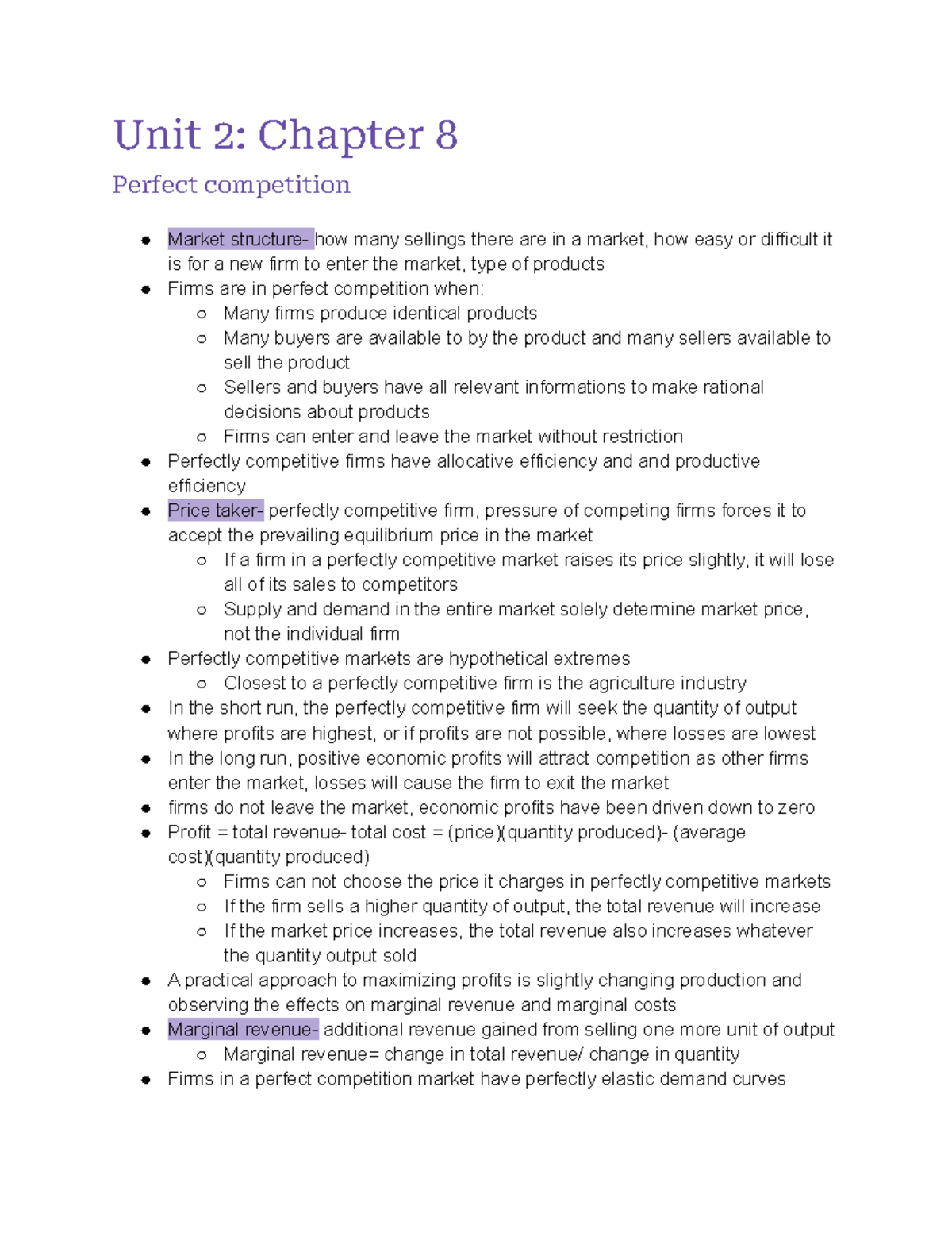Unit 2: Perfect Competition - Chapter 8 Overview and Key Concepts - Studocu