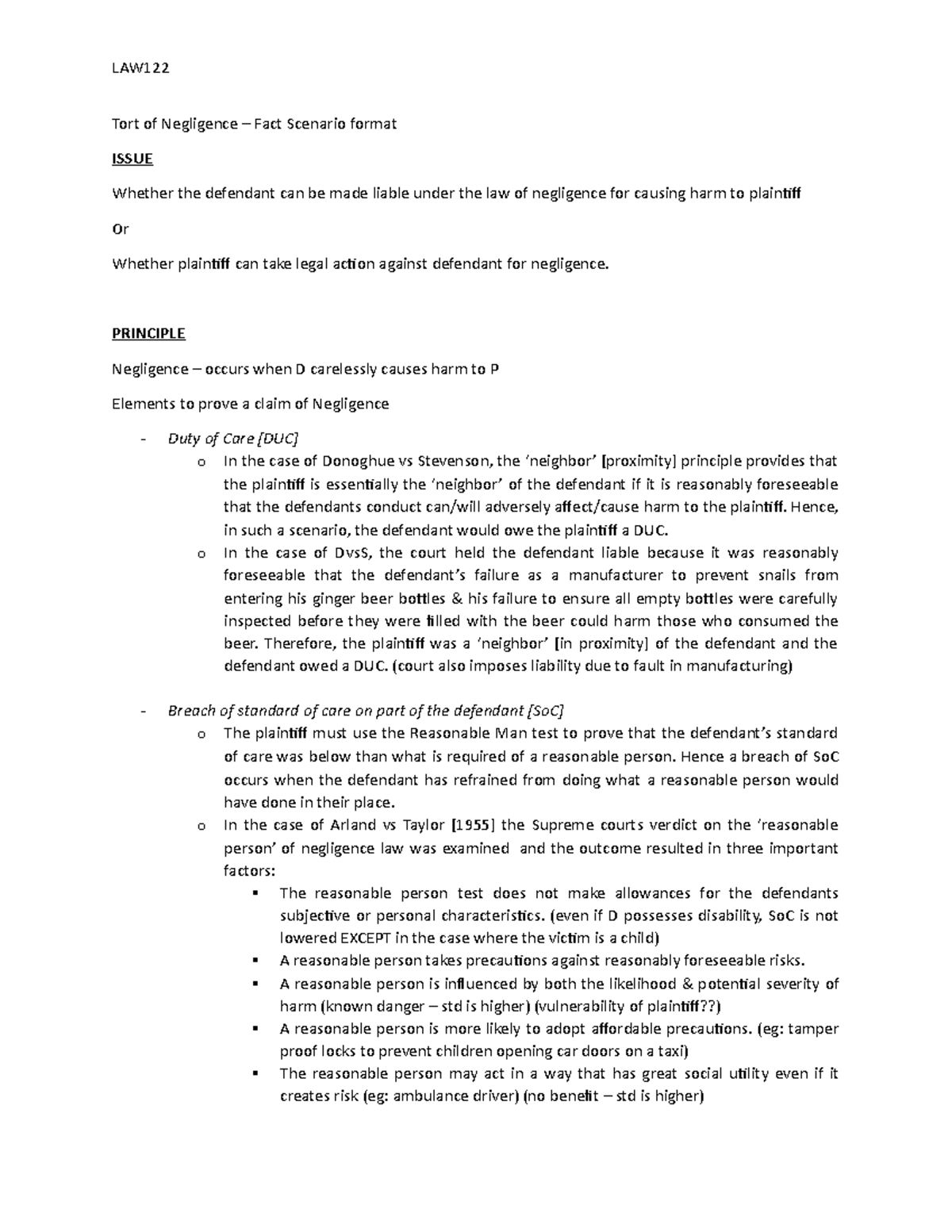 LAW122 - Negligence - LAW Tort of Negligence – Fact Scenario format ...