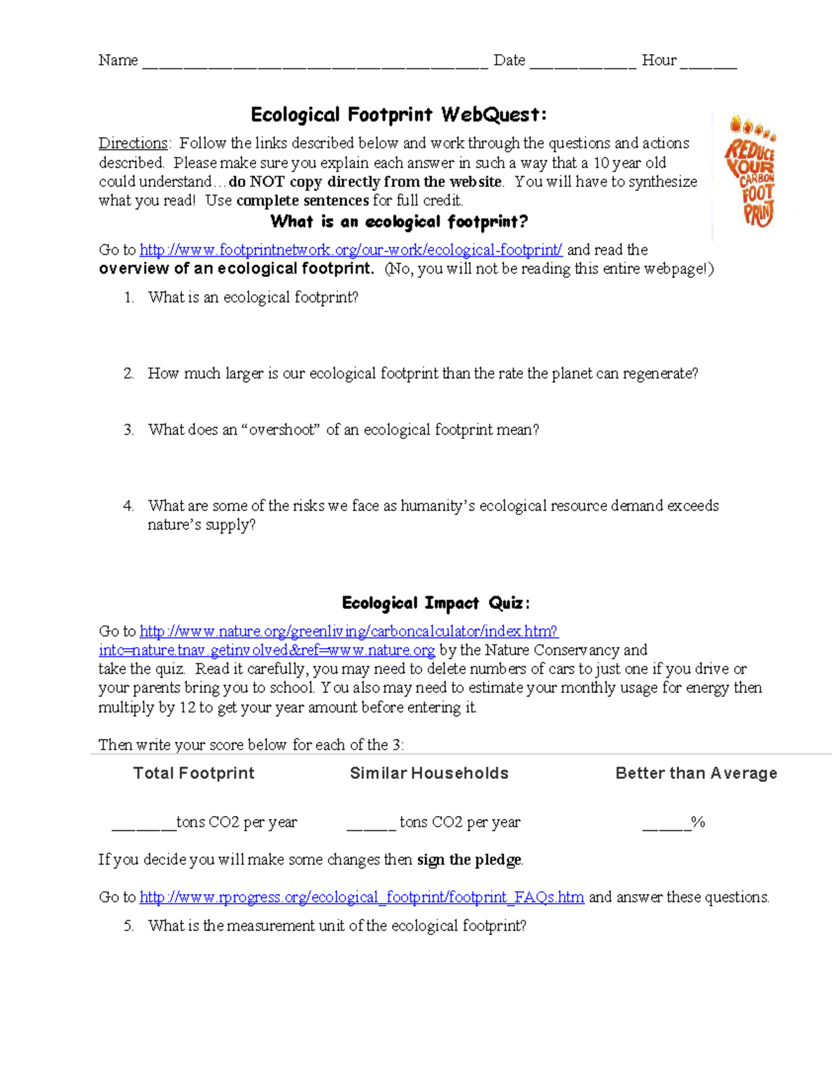 Ecological Footprint WebQuest: Understanding Our Impact - Studocu