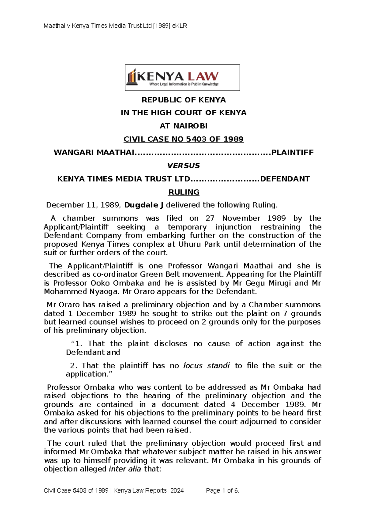 Civil Case 5403 of 1989 - Ruling Analysis and Proceedings Summary - Studocu