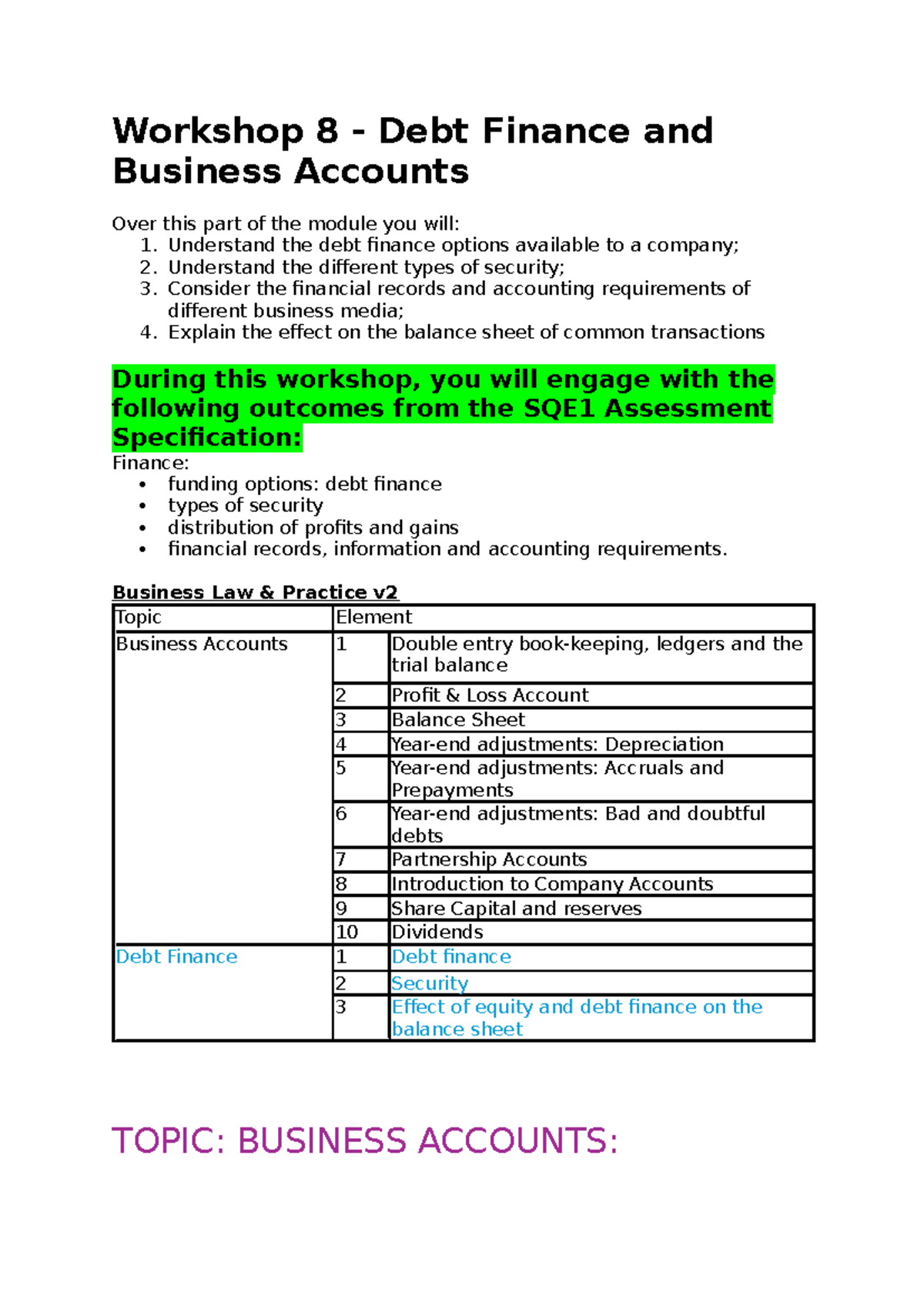 Workshop 8: Debt Finance & Business Accounts - SQE1 Notes - Studocu