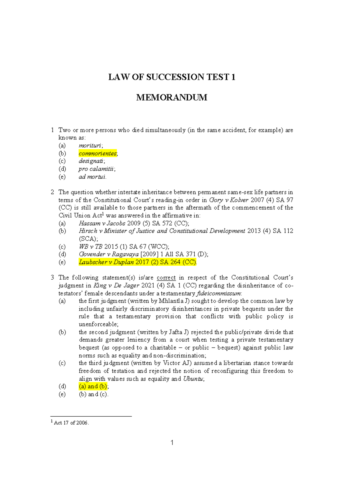 LAW OF Succession TEST 1 Memorandum - LAW OF SUCCESSION TEST 1 ...