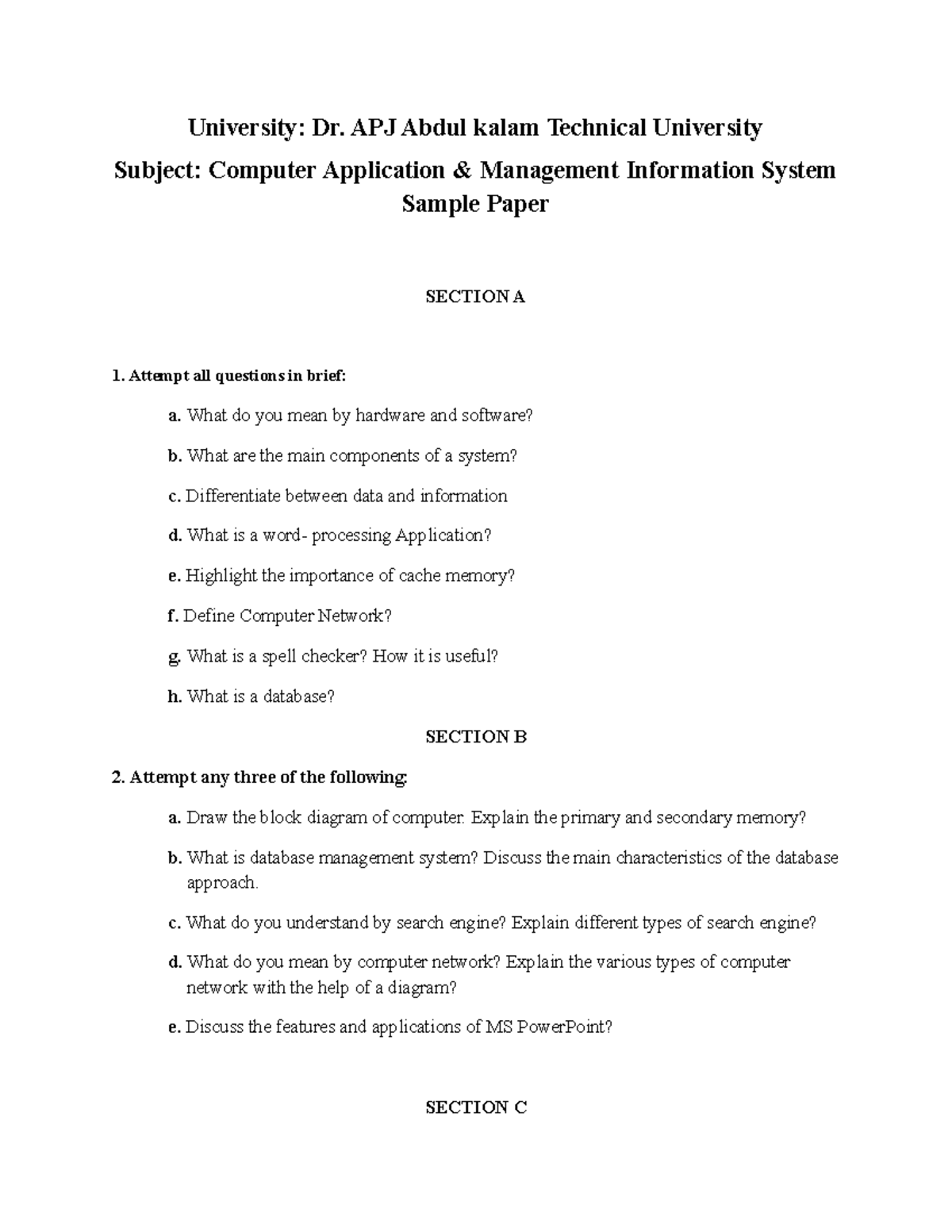 MIS 101 Final Exam Sample Question Paper - Studocu
