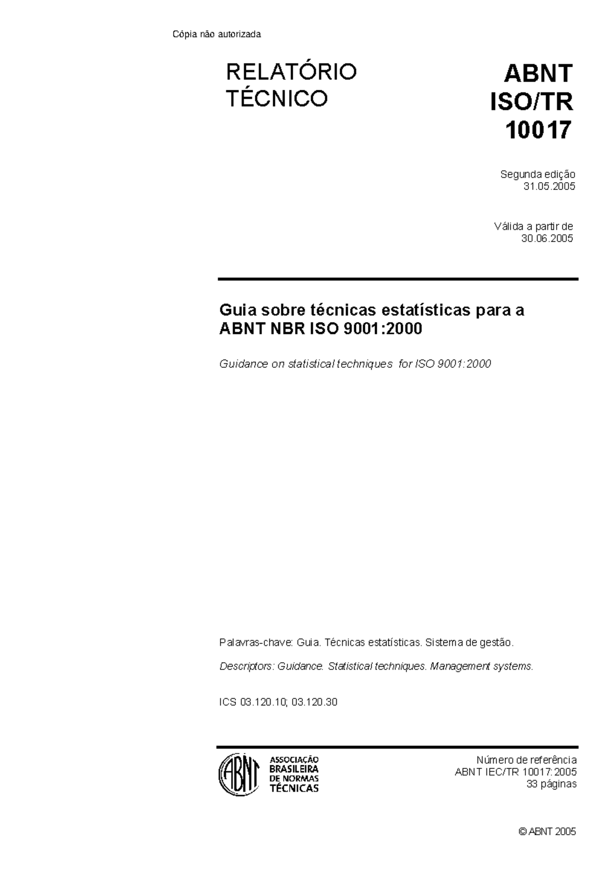 Guia ABNT ISO/TR 10017: Técnicas Estatísticas para ISO 9001:2000 - Studocu