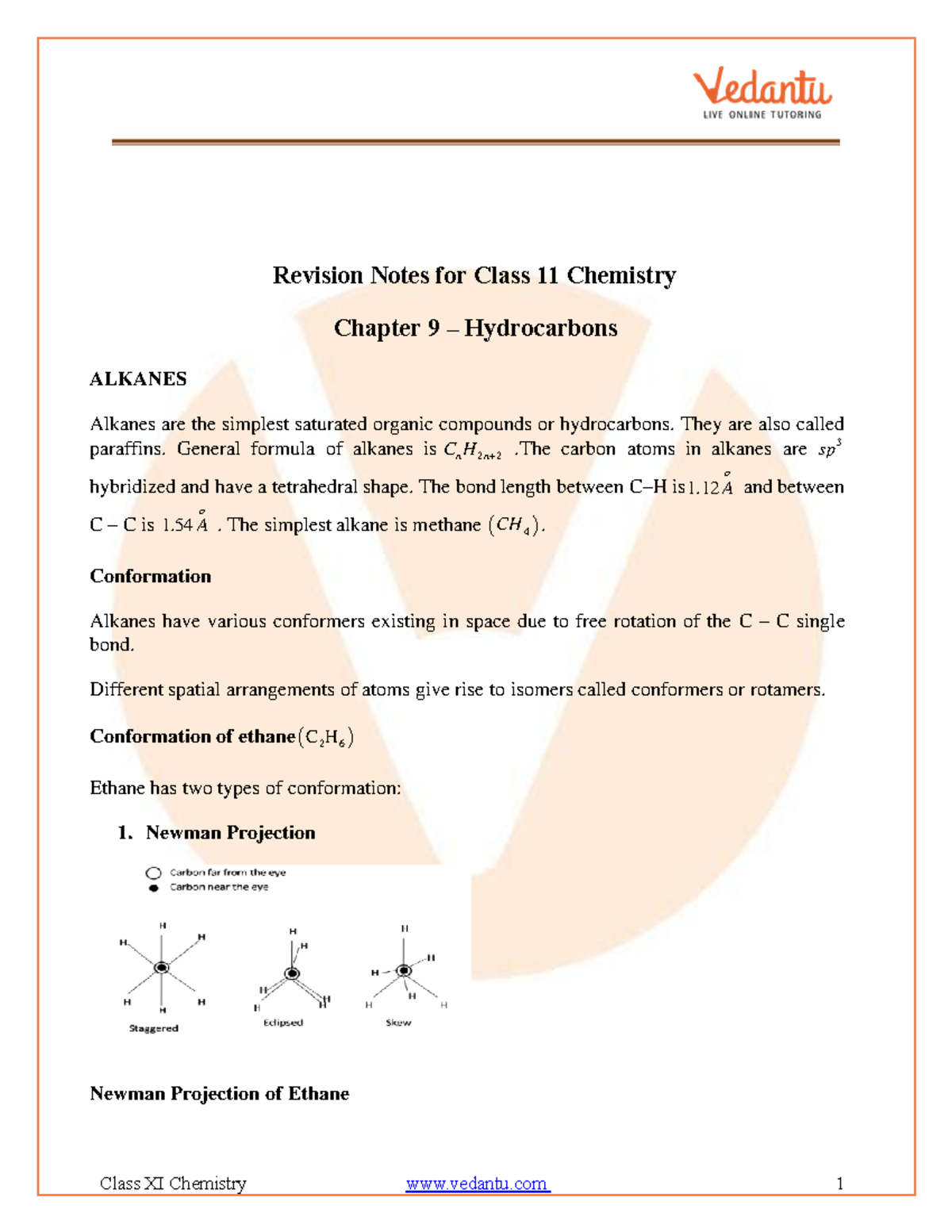 Class 11 Chemistry Revision Notes: Chapter 9 - Hydrocarbons - Studocu