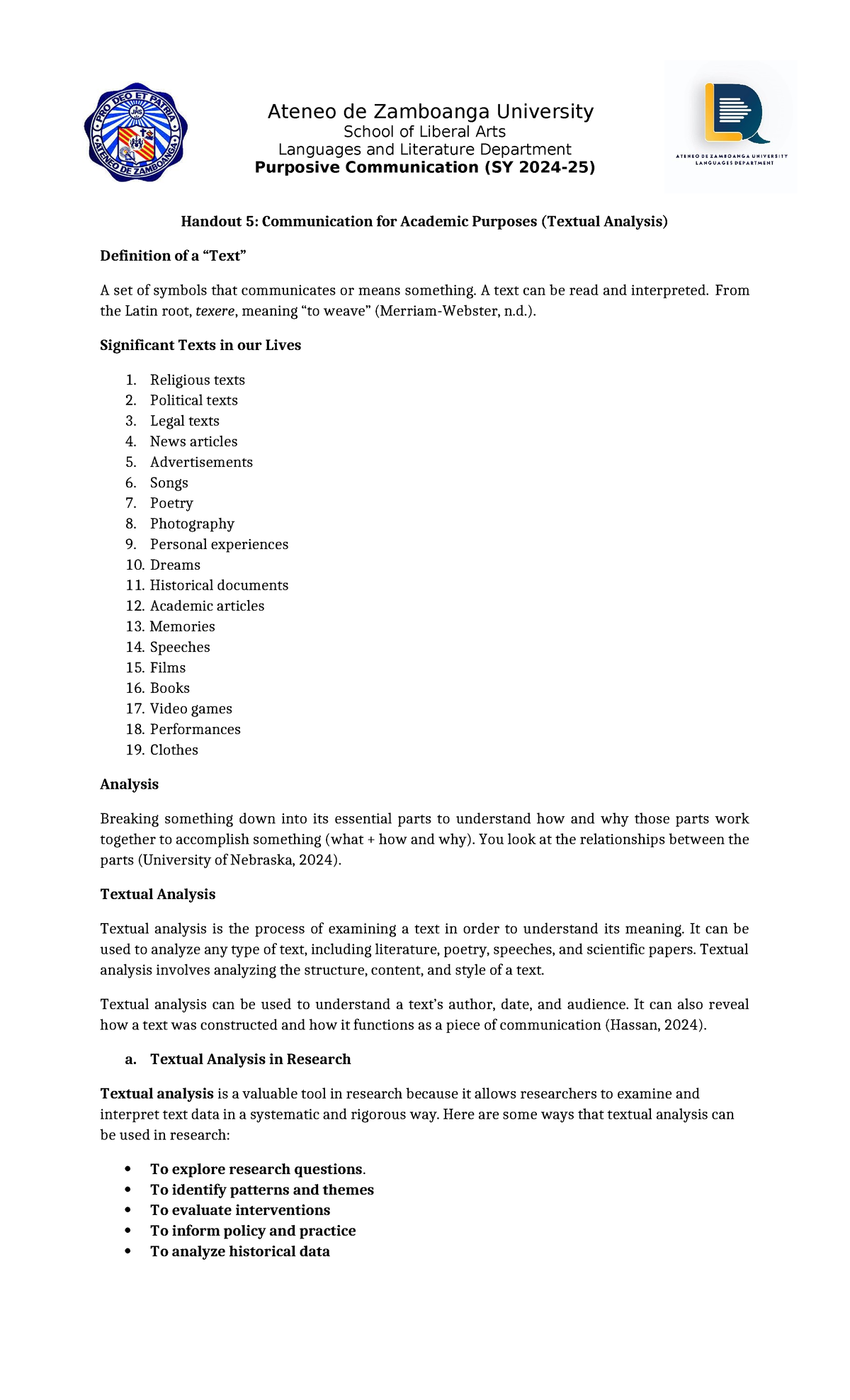 Purposive Communication (SY): Textual Analysis and Its Significance ...