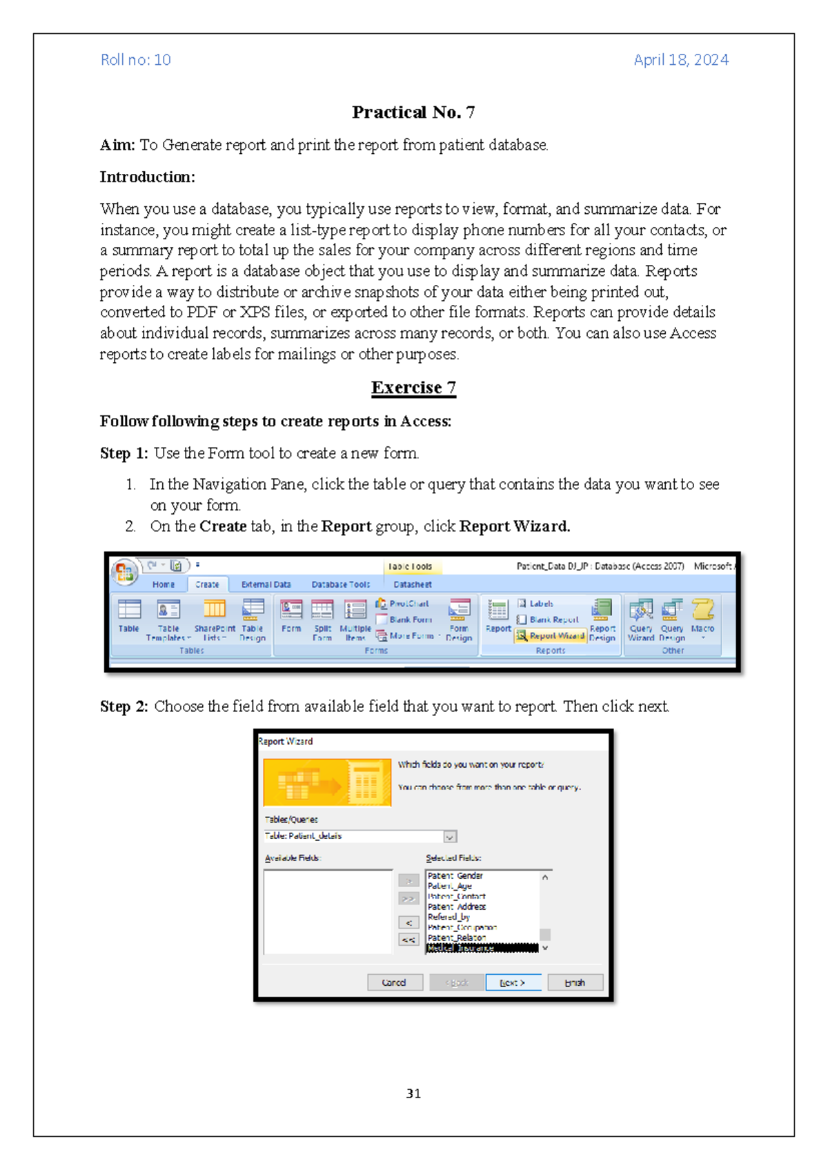 Computer Practical EXP No. 7: Generating Patient Database Reports - Studocu