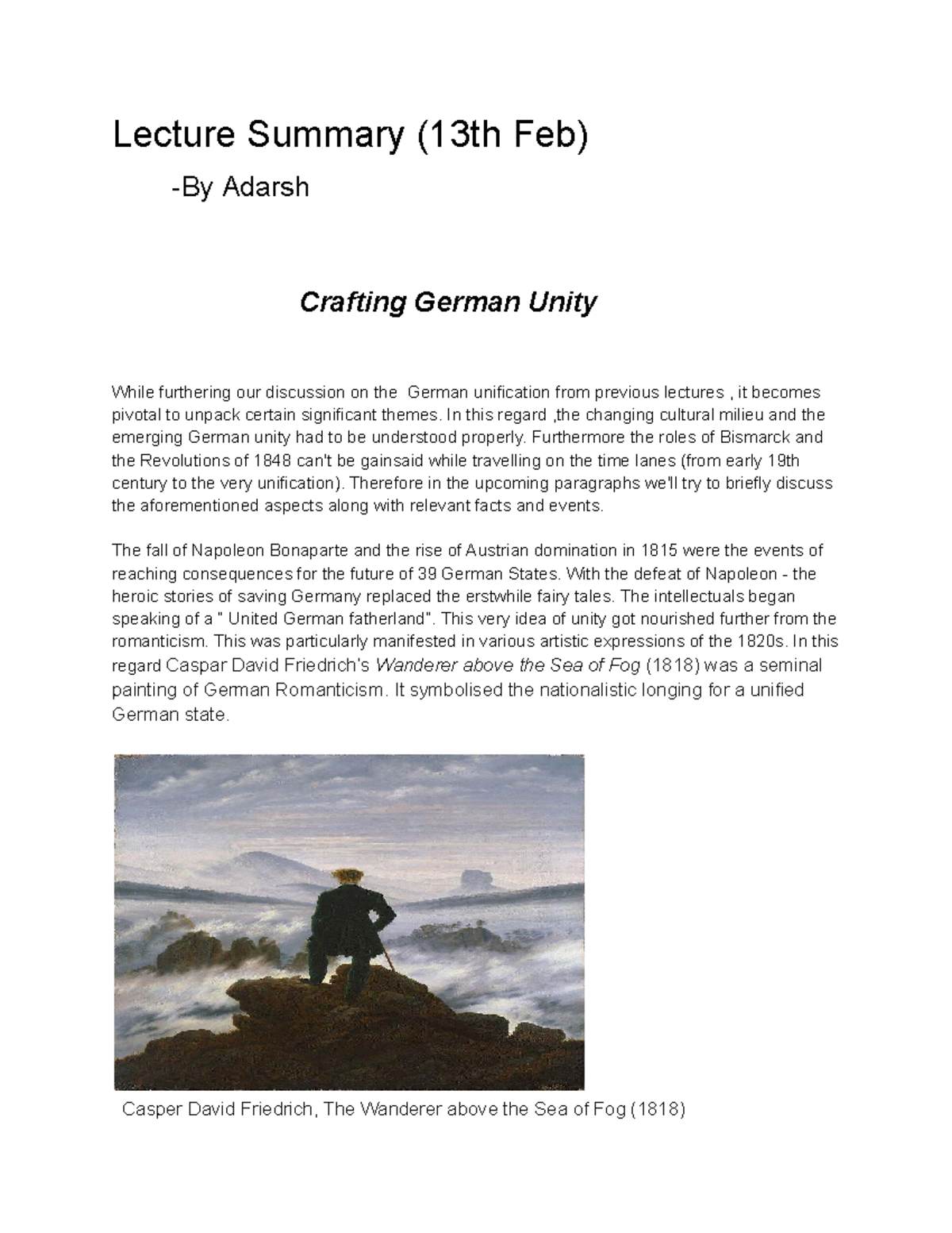 Lecture Summary (Feb 13) on German Unity & Bismarck's Role - Studocu
