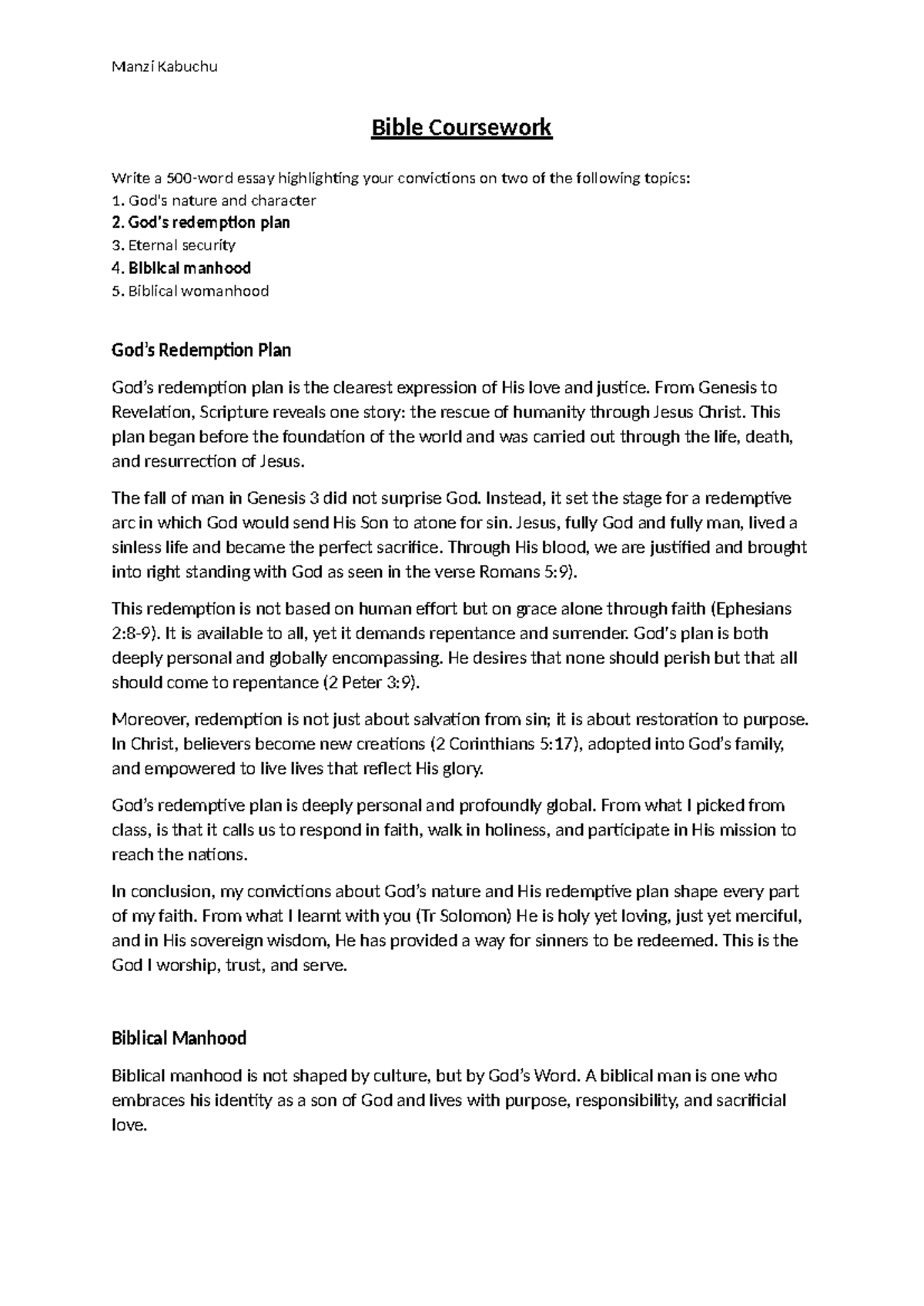Bible Coursework - Essay on Redemption Plan & Biblical Manhood - Studocu
