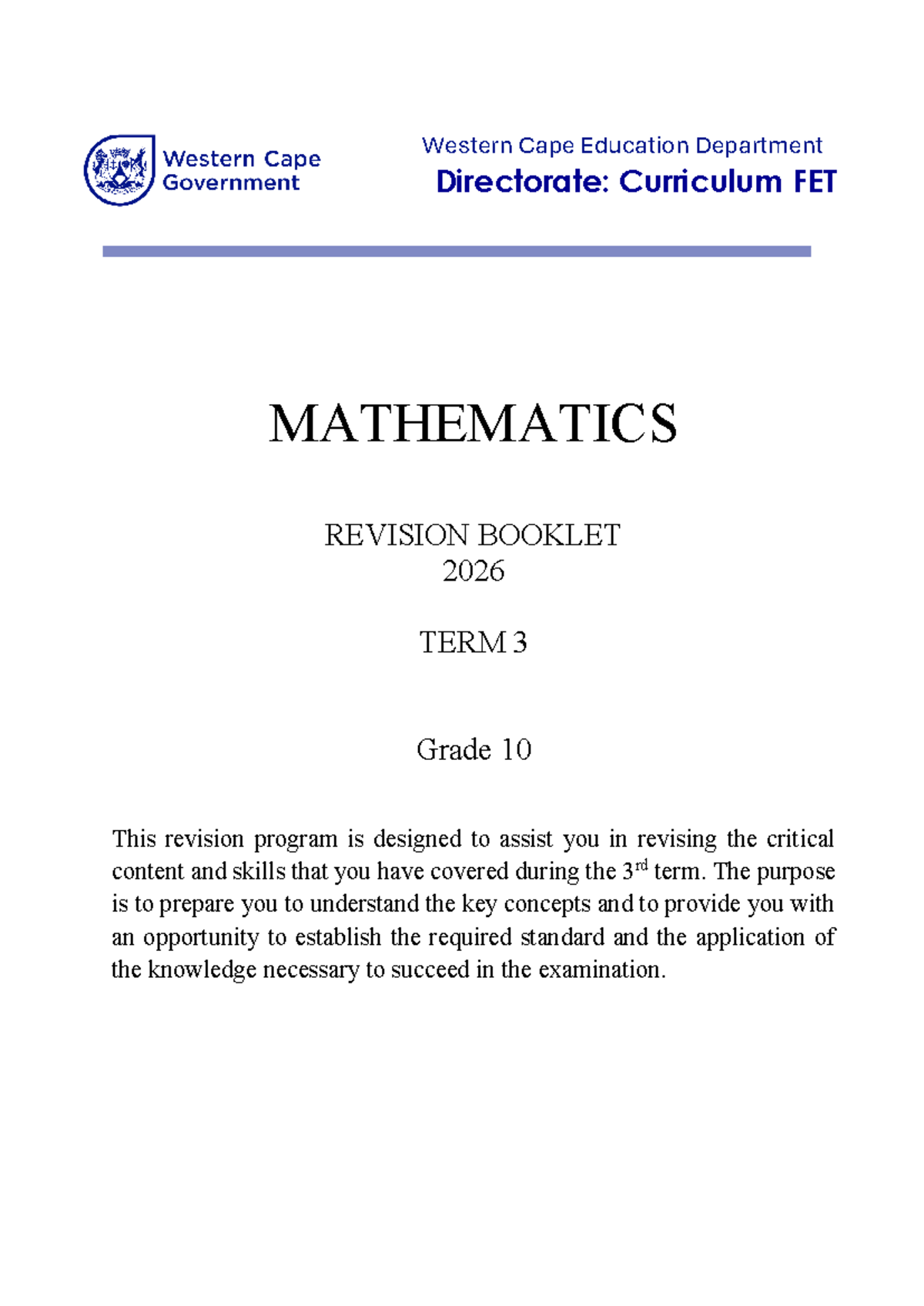 2026 FET Mathematics Gr 10 Term 3 Revision Booklet - Studocu