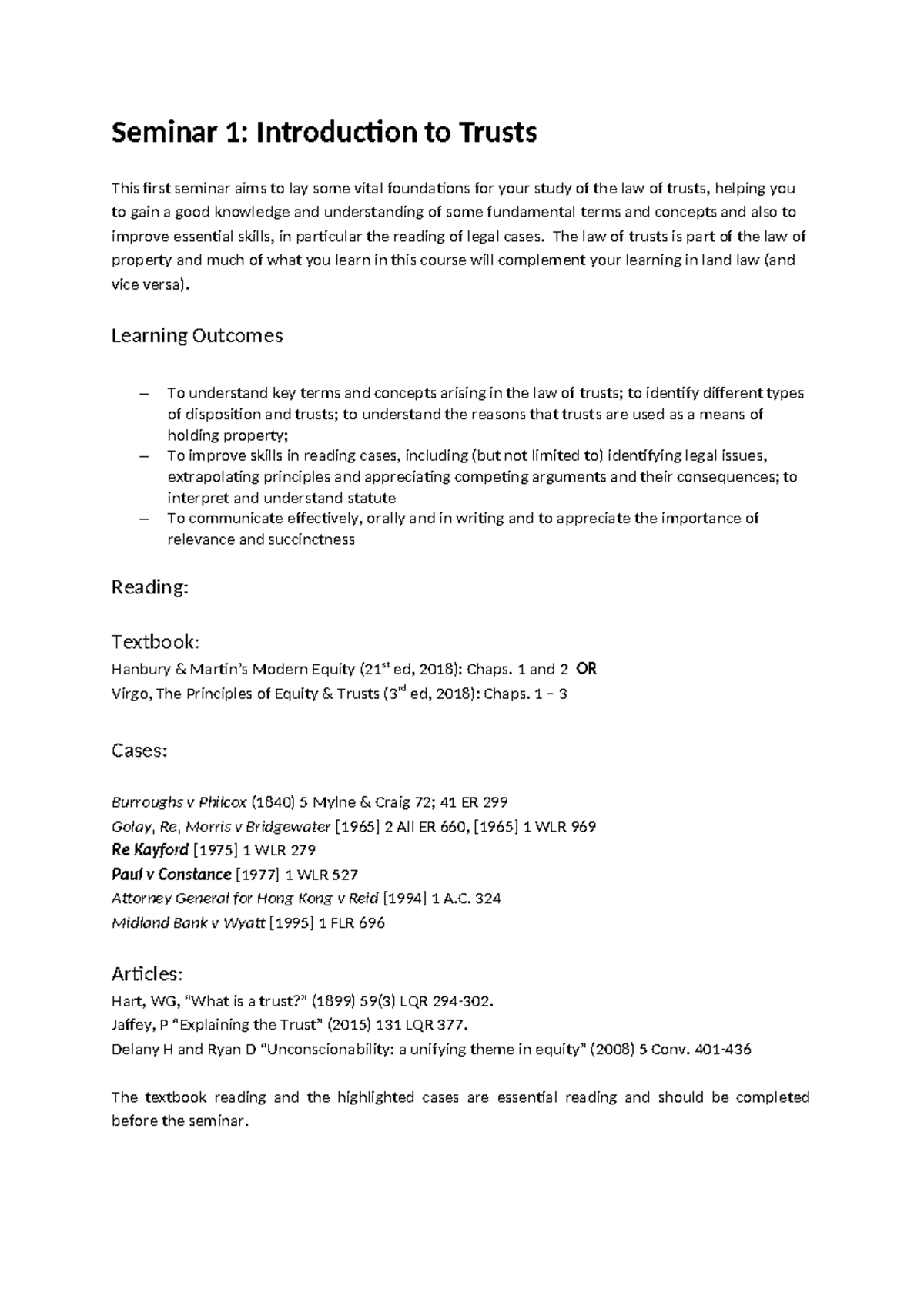 Seminar 1: Foundations of Trust Law and Key Concepts - Studocu